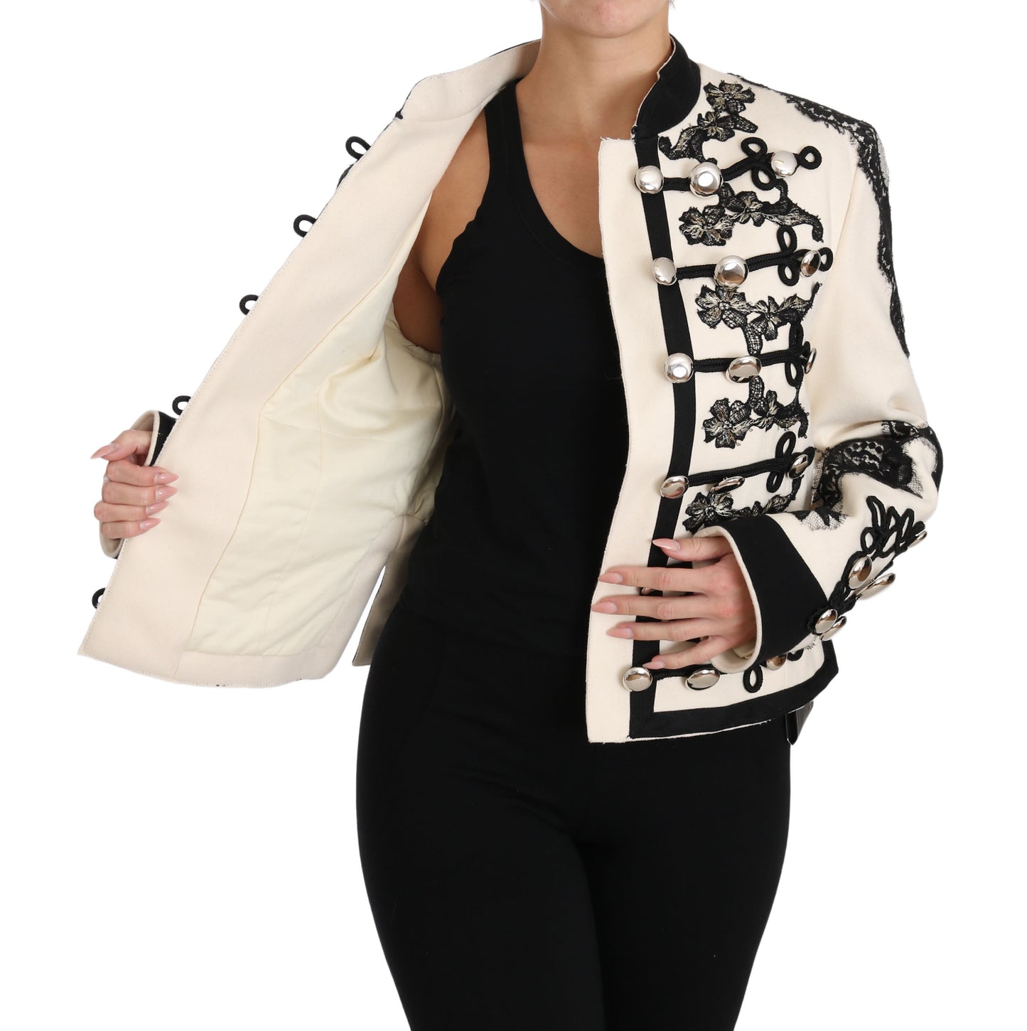 Dolce & Gabbana – Weiße, schwarze Jacke aus Wolle mit Blumenmuster im Barockstil