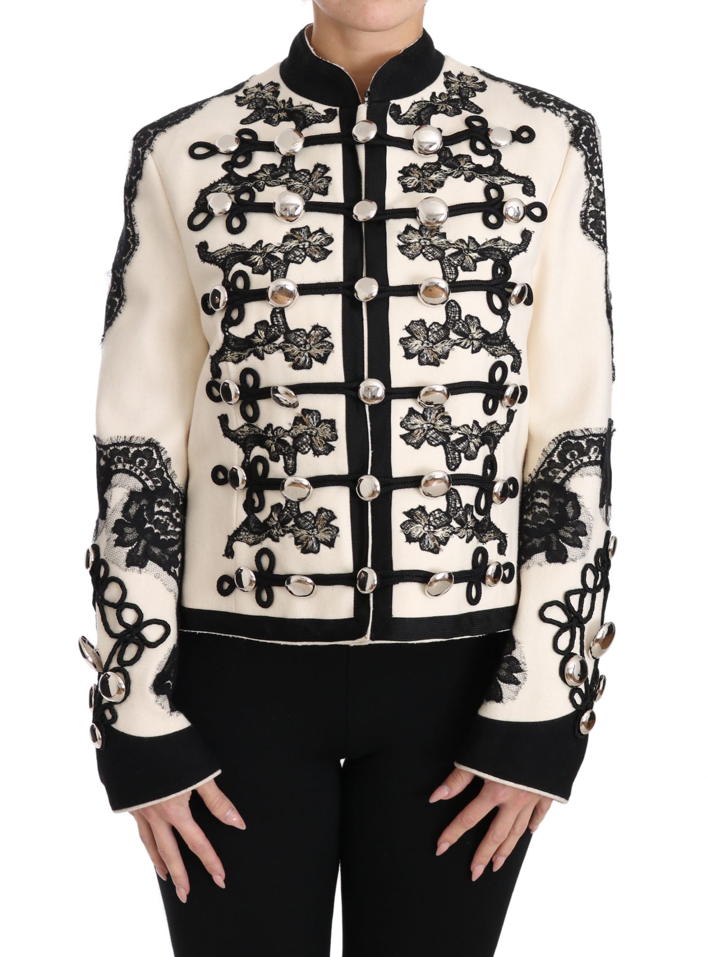 Dolce & Gabbana – Weiße, schwarze Jacke aus Wolle mit Blumenmuster im Barockstil