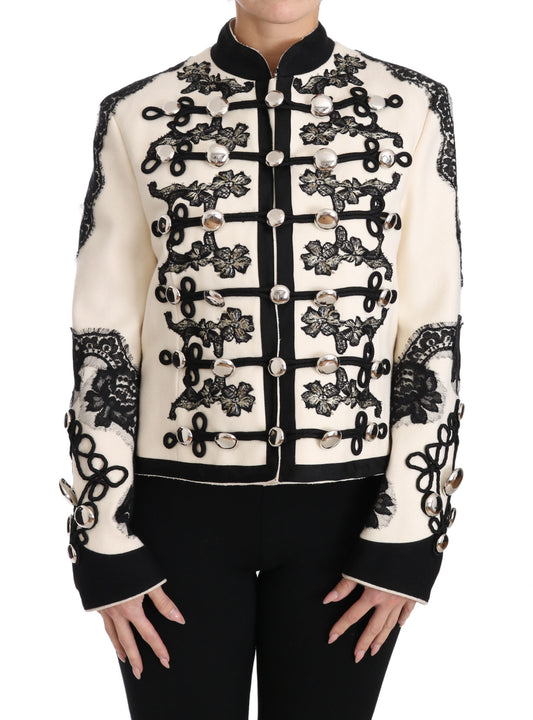 Dolce & Gabbana – Weiße, schwarze Jacke aus Wolle mit Blumenmuster im Barockstil