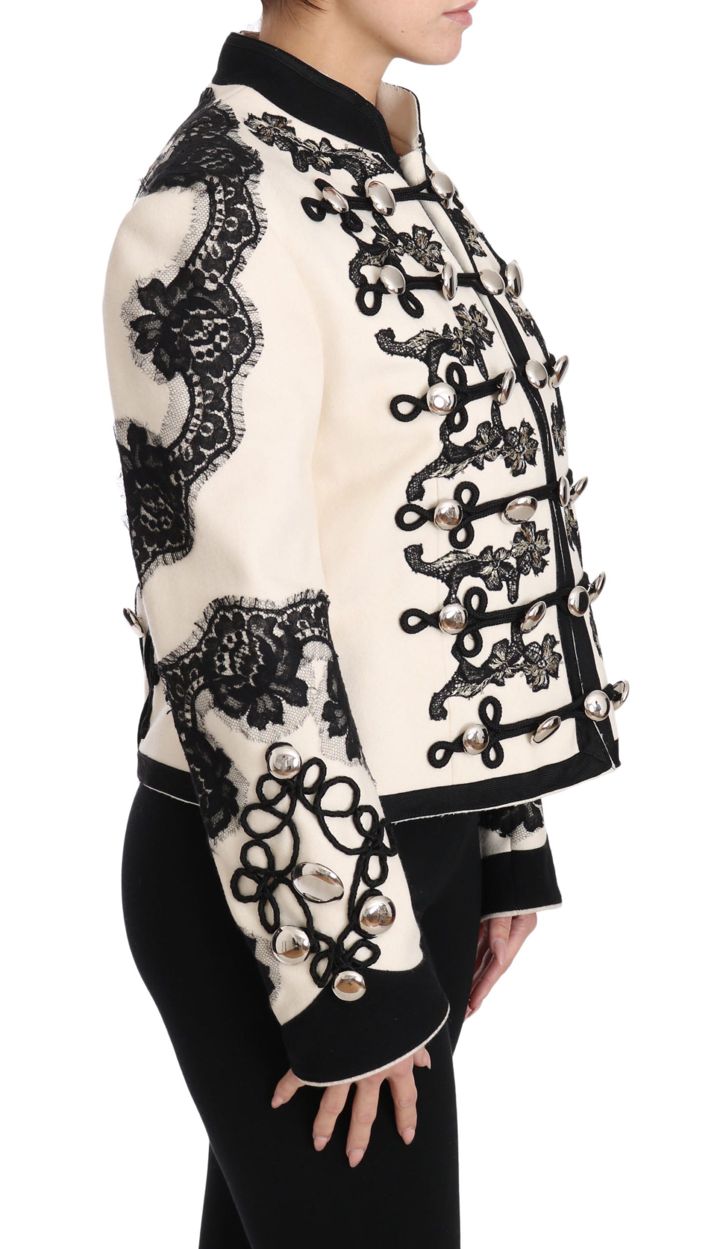 Dolce & Gabbana – Weiße, schwarze Jacke aus Wolle mit Blumenmuster im Barockstil