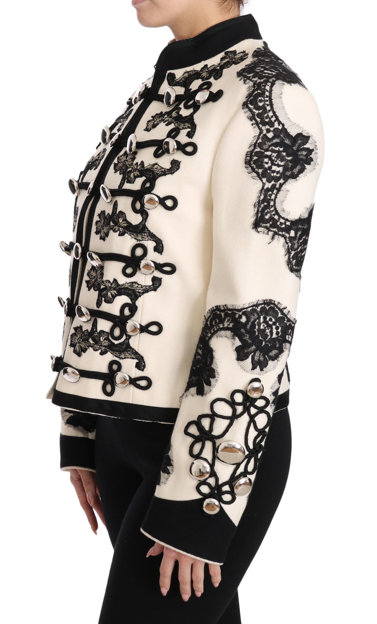 Dolce & Gabbana – Weiße, schwarze Jacke aus Wolle mit Blumenmuster im Barockstil