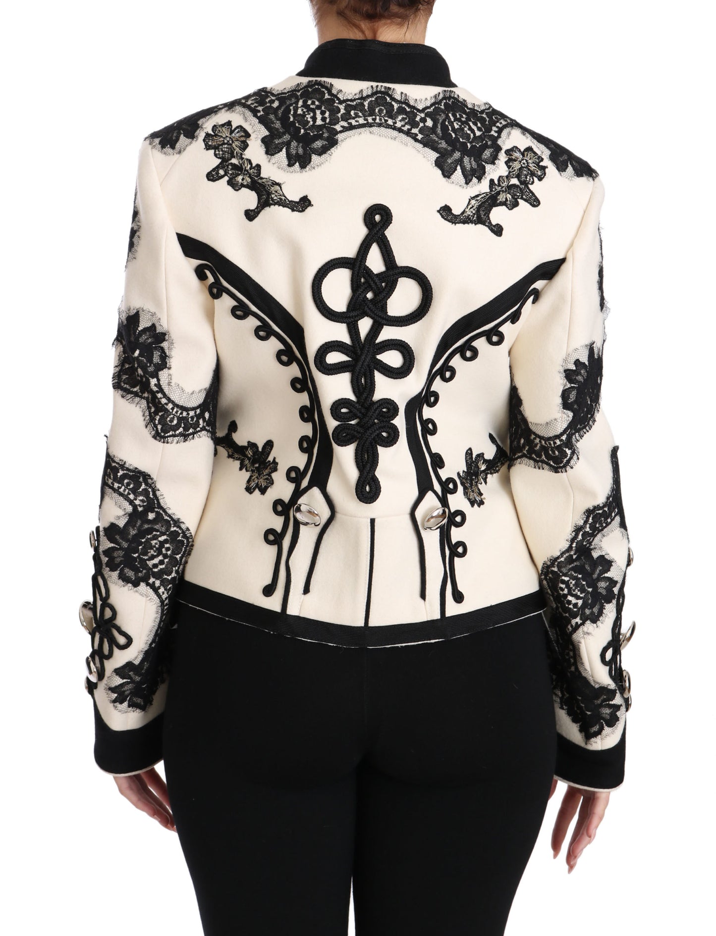 Dolce & Gabbana – Weiße, schwarze Jacke aus Wolle mit Blumenmuster im Barockstil