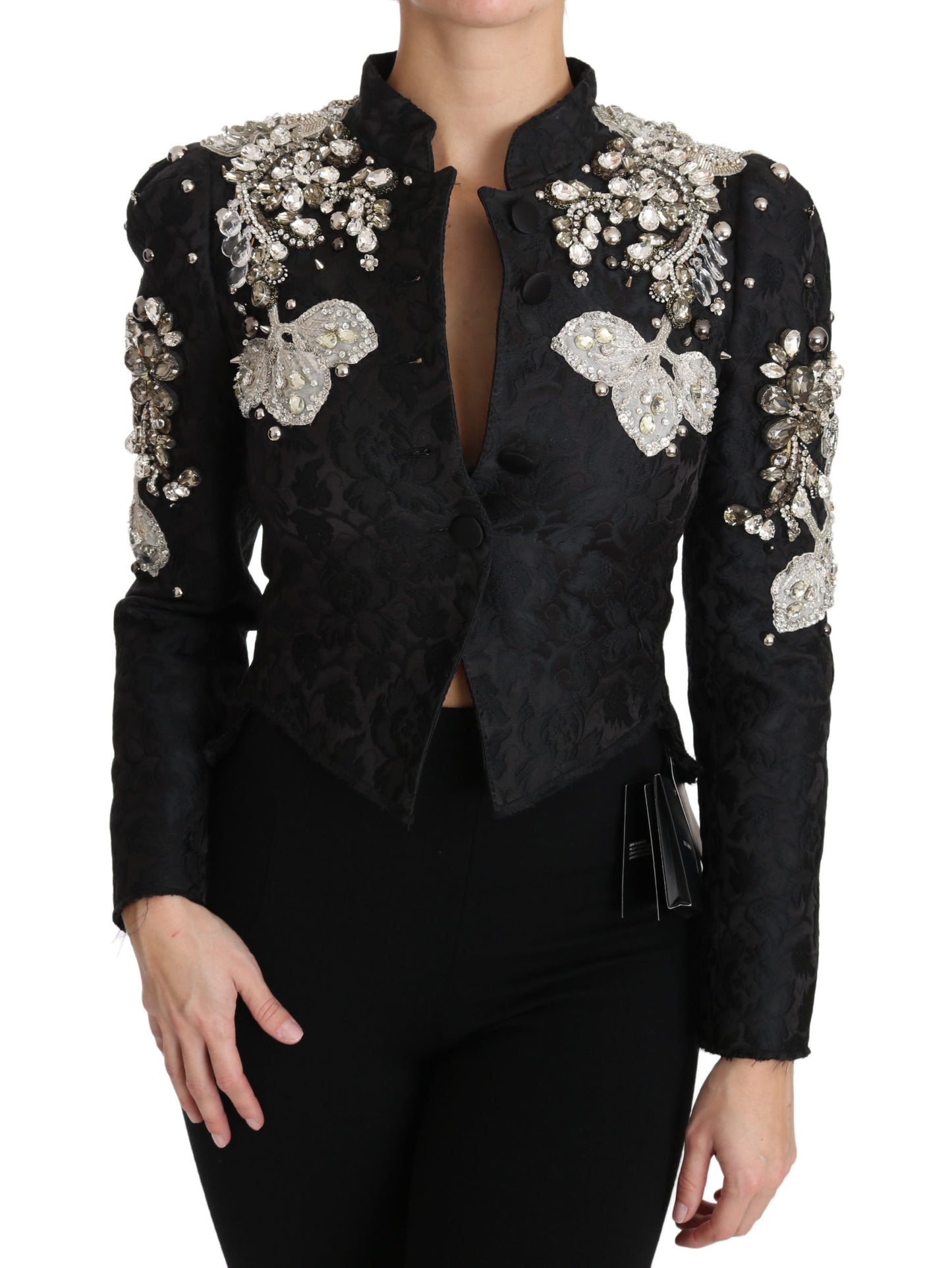 Dolce & Gabbana Schwarze Jacquard-Jacke mit Kristallblumenmuster
