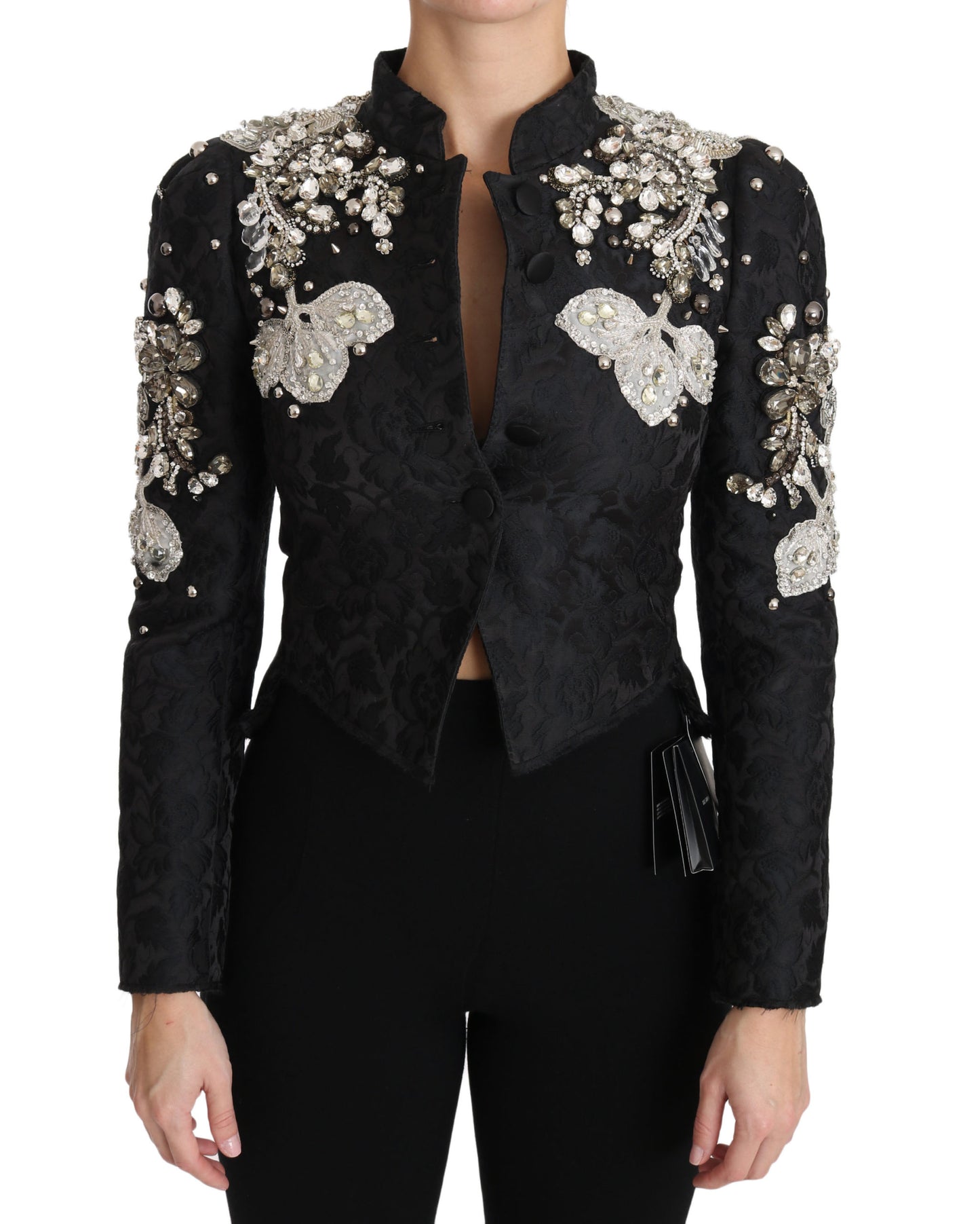 Dolce & Gabbana Schwarze Jacquard-Jacke mit Kristallblumenmuster