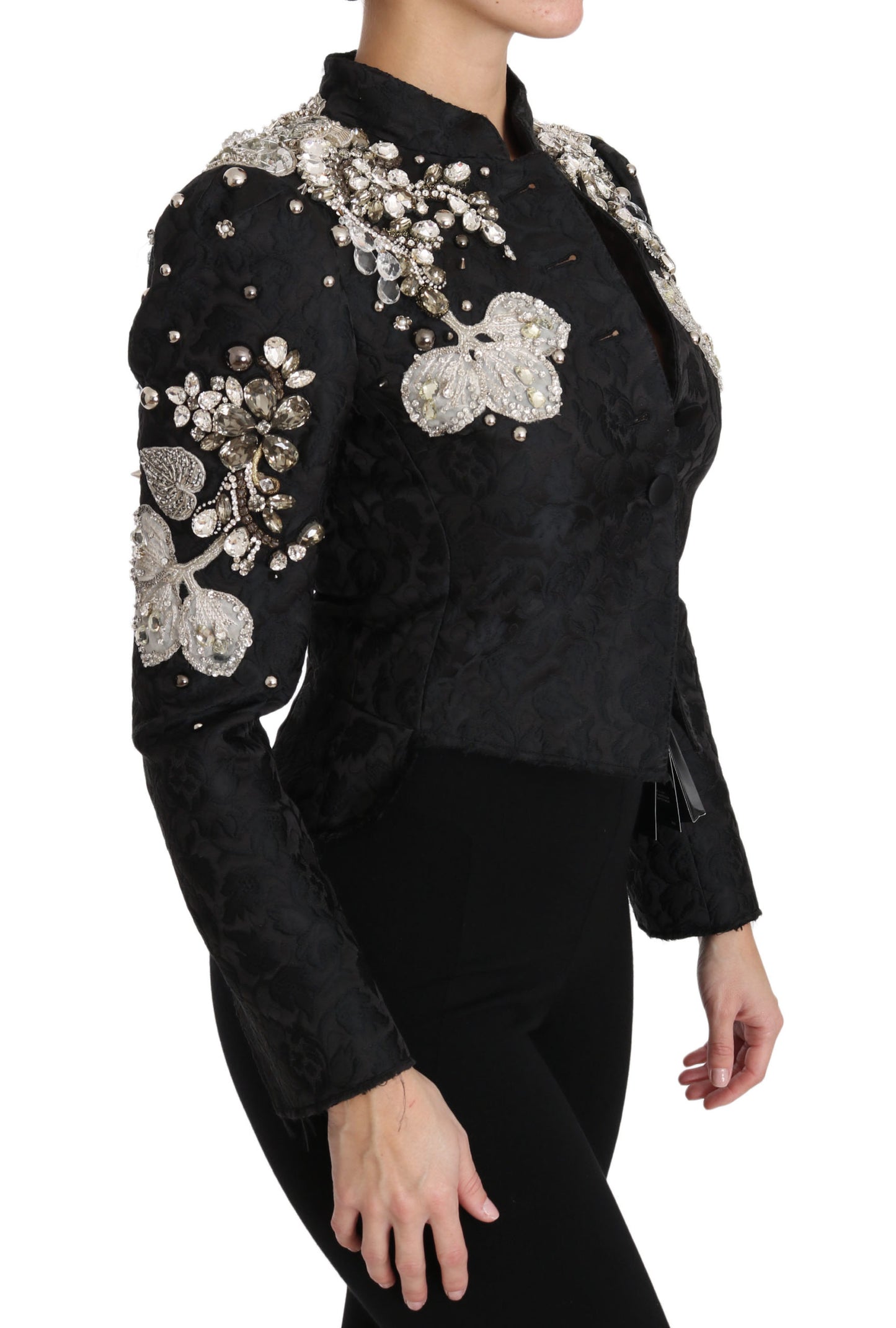 Dolce & Gabbana Schwarze Jacquard-Jacke mit Kristallblumenmuster