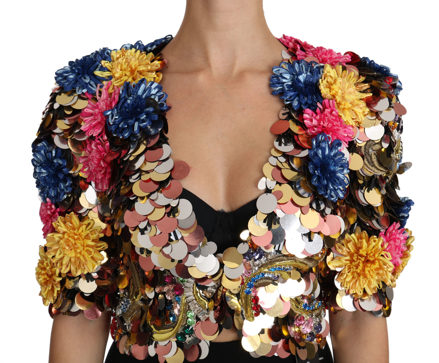 Dolce & Gabbana - Manteau veste fleuri à paillettes et cristaux
