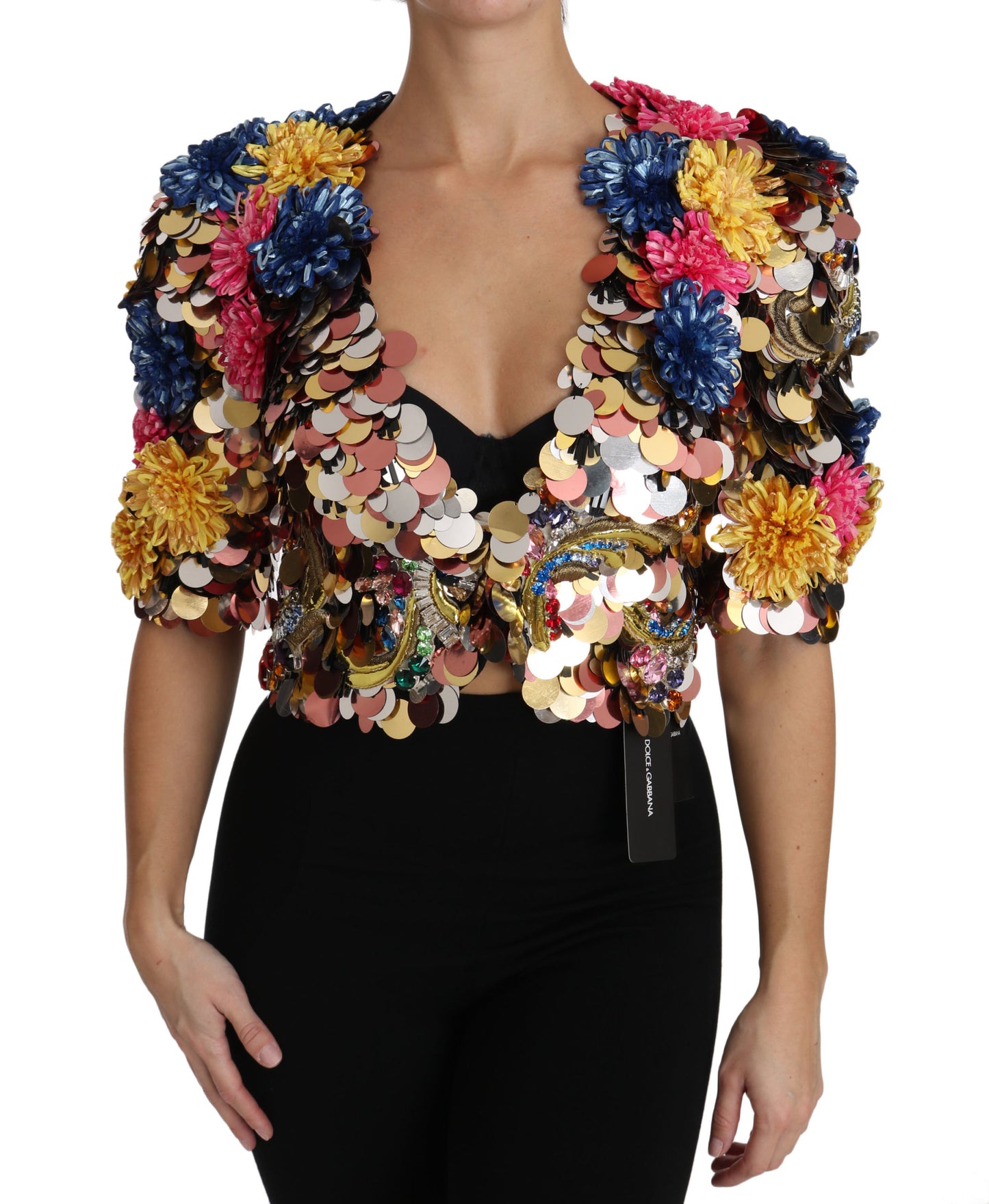 Dolce & Gabbana - Manteau veste fleuri à paillettes et cristaux