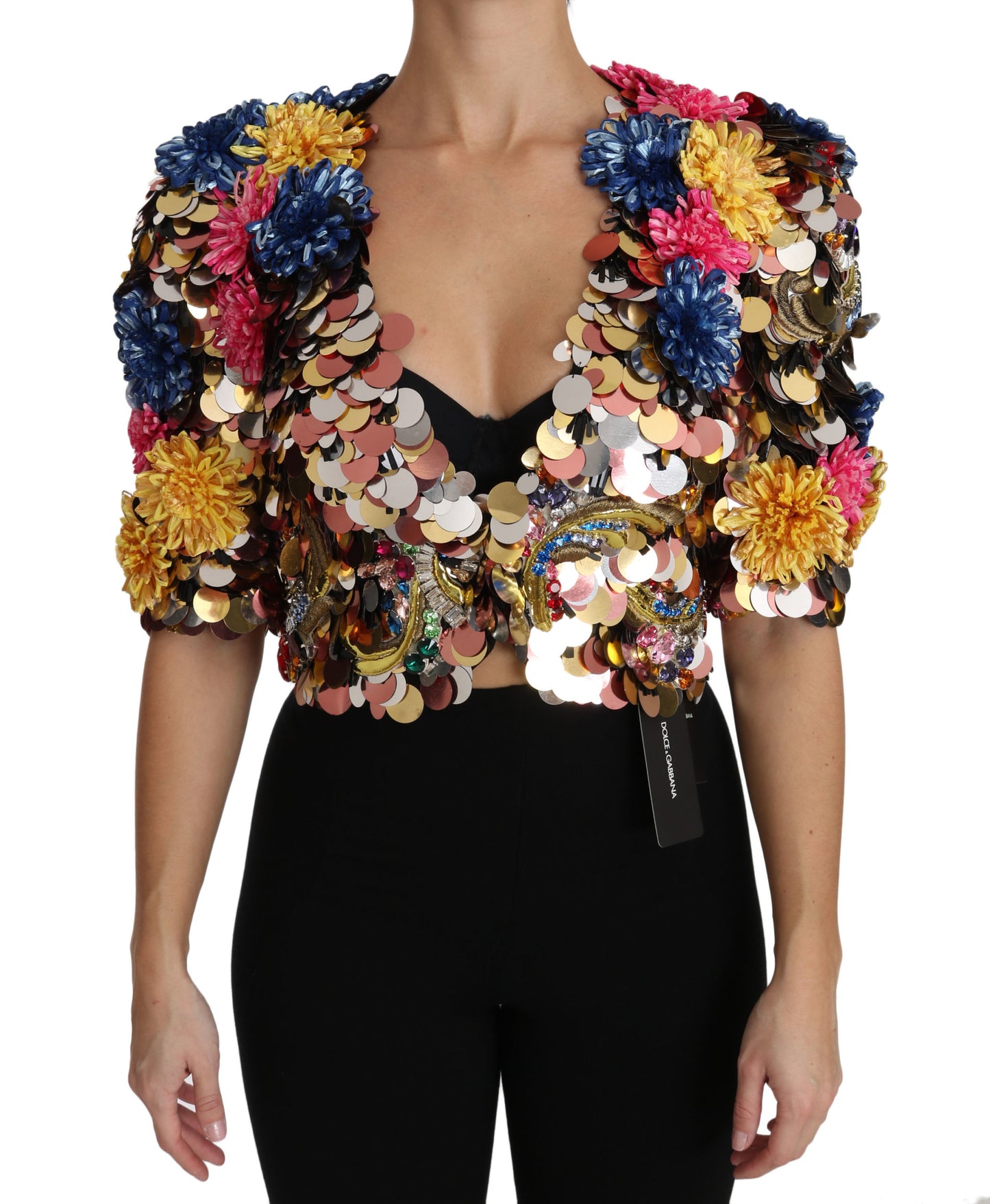 Dolce & Gabbana - Manteau veste fleuri à paillettes et cristaux