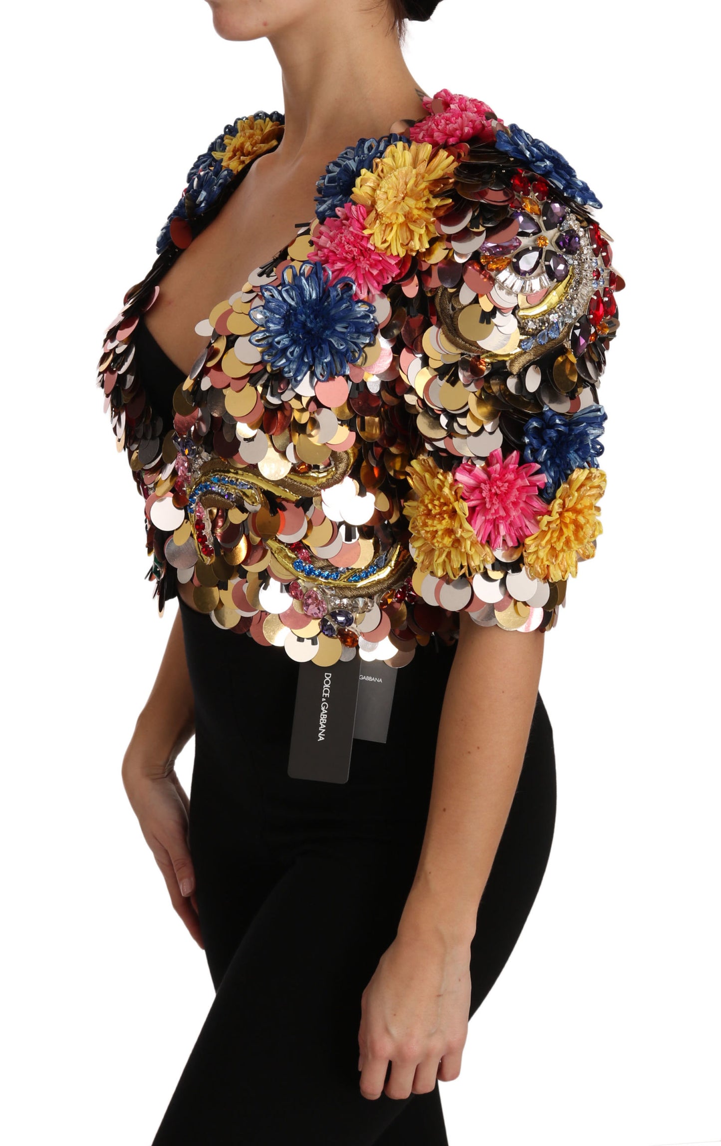 Dolce & Gabbana - Manteau veste fleuri à paillettes et cristaux