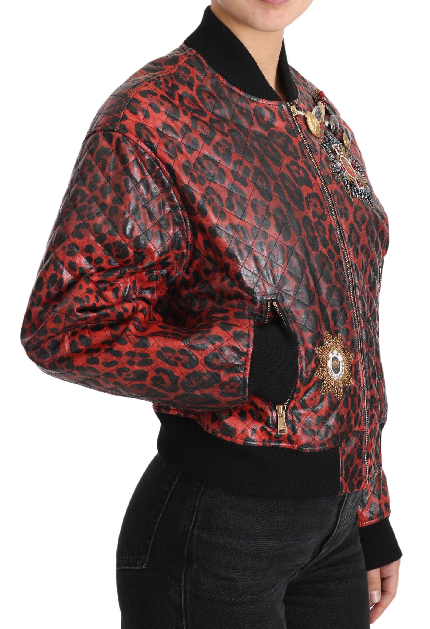 Dolce & Gabbana Rote Lederjacke mit Leopardenmuster und Kristallknöpfen