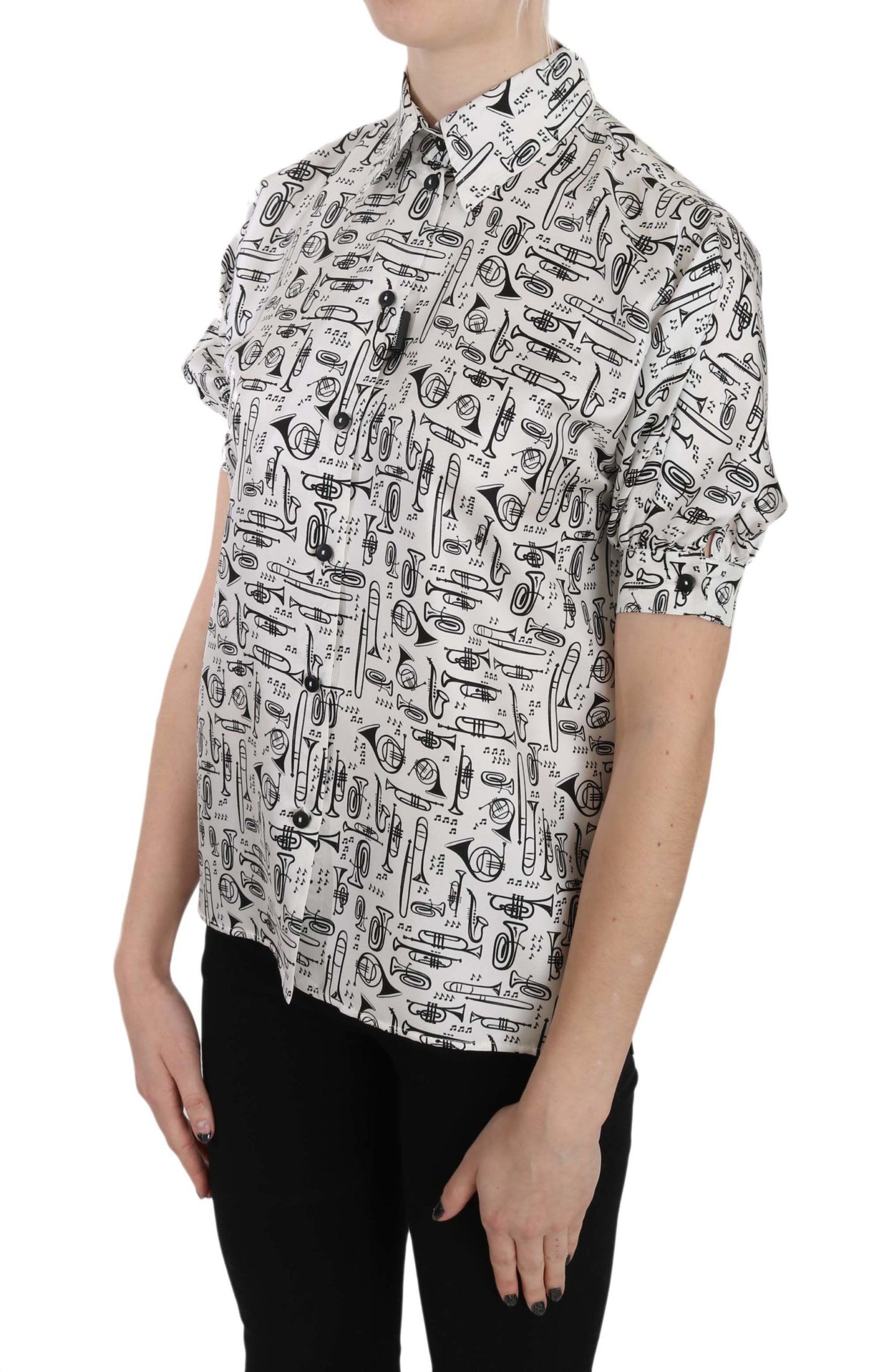 Dolce & Gabbana – Seidenbluse mit Trompetendruck und Knopfleiste vorne