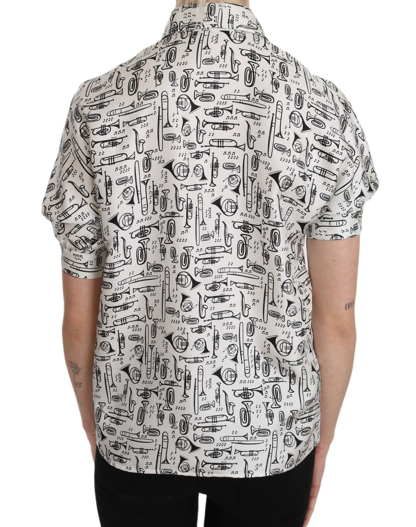 Dolce & Gabbana – Seidenbluse mit Trompetendruck und Knopfleiste vorne