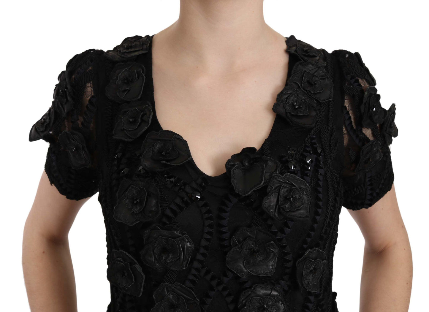 Robe fourreau en cuir et soie noire à fleurs de John Richmond