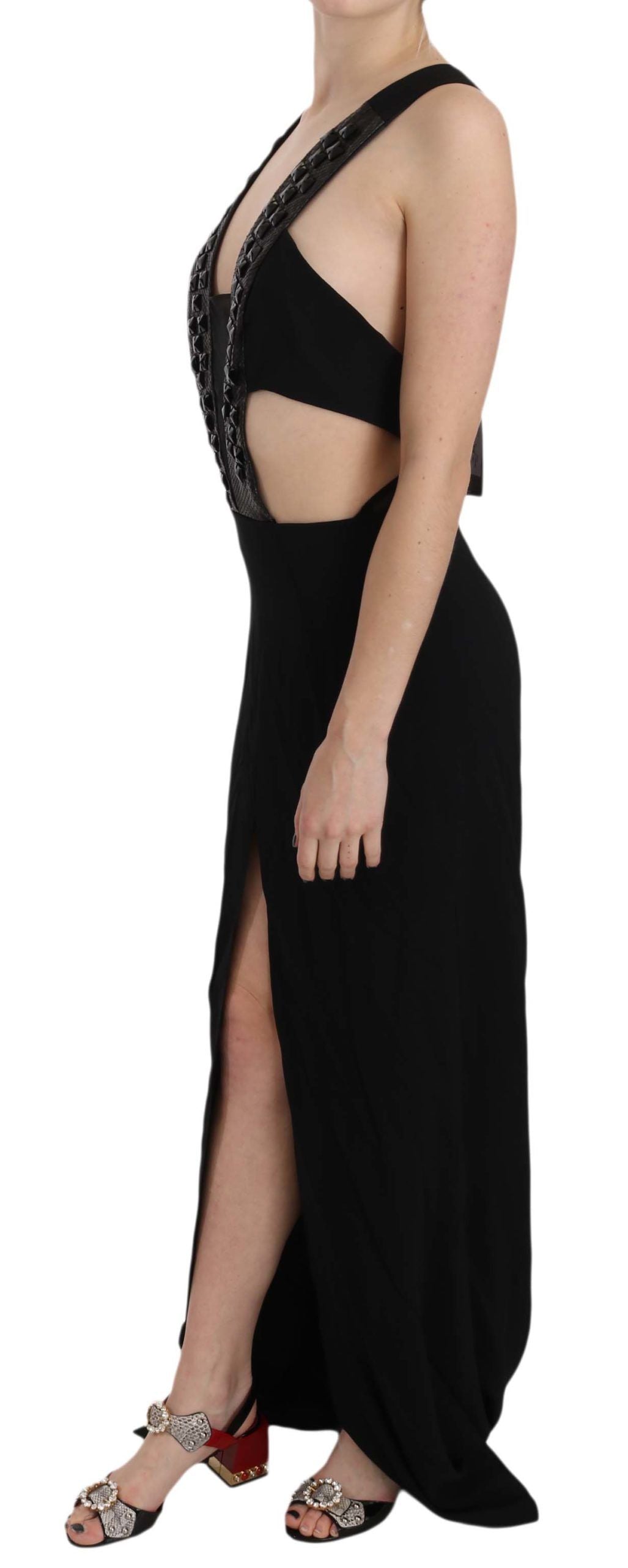 Robe évasée en cuir noir et cristal de John Richmond