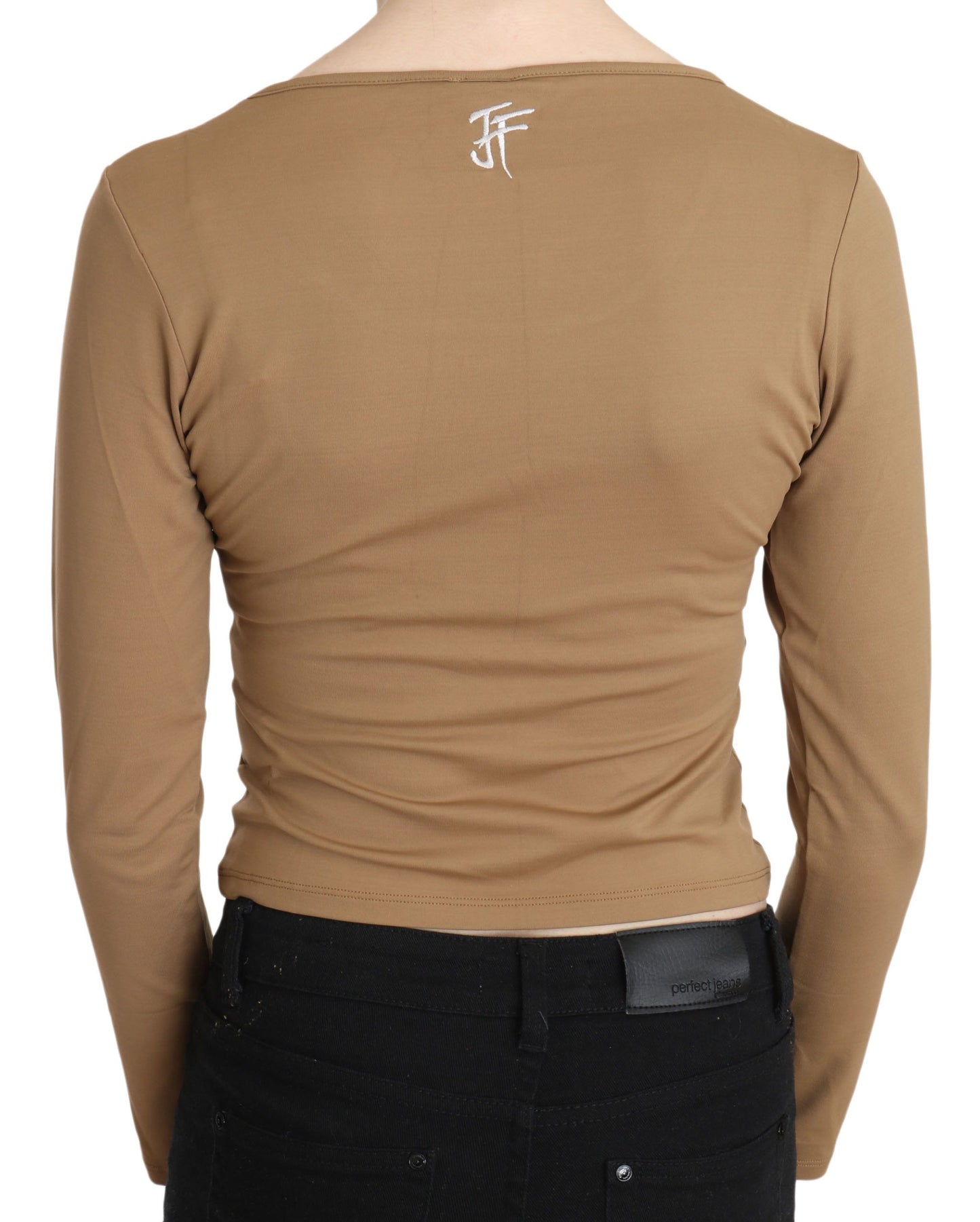 GF Ferre – Braune, schmale Crop-Top-Bluse mit Rundhalsausschnitt und langen Ärmeln