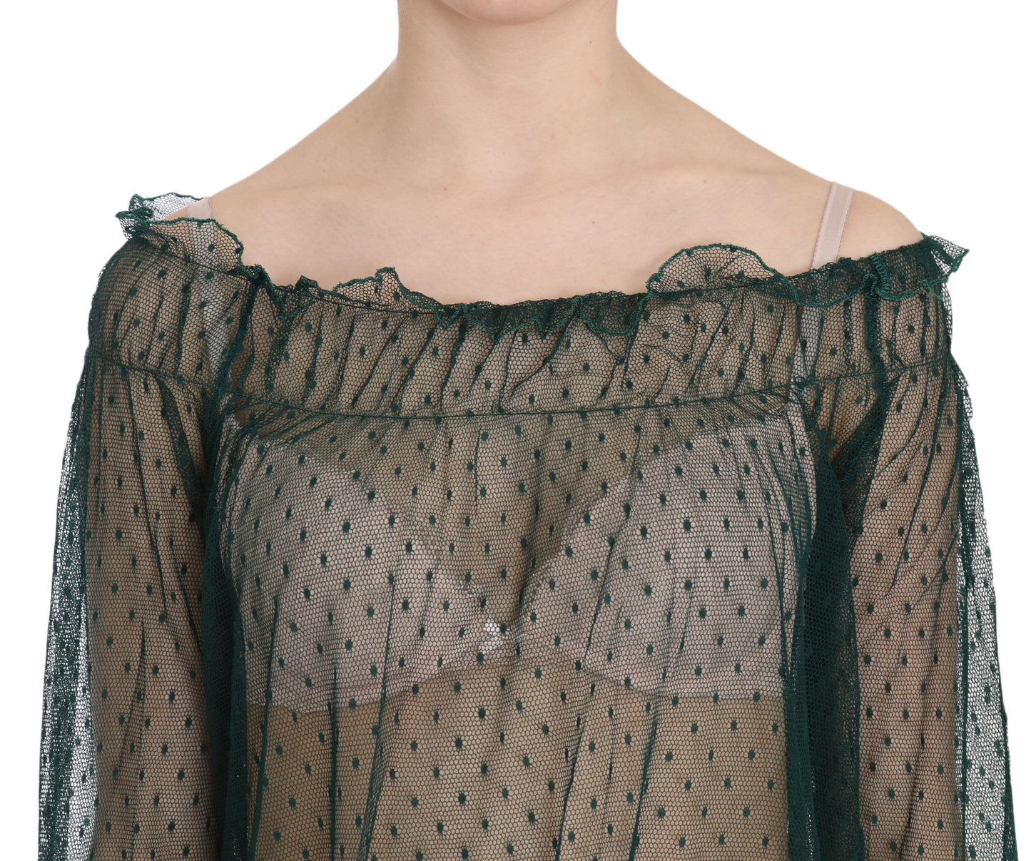 PINK MEMORIES Green Mesh See Through Long Sleeve Top Blouse