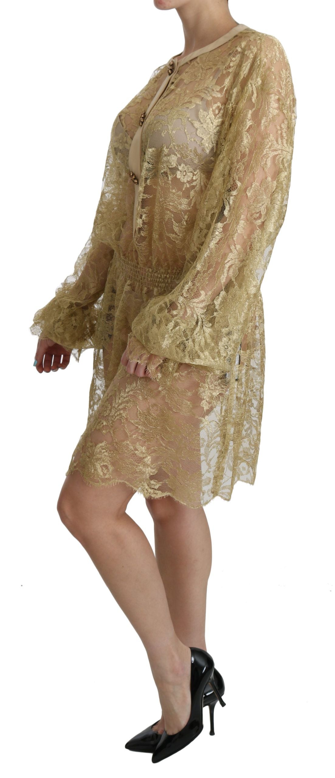 Robe trapèze transparente en dentelle dorée Dolce & Gabbana, longueur genou