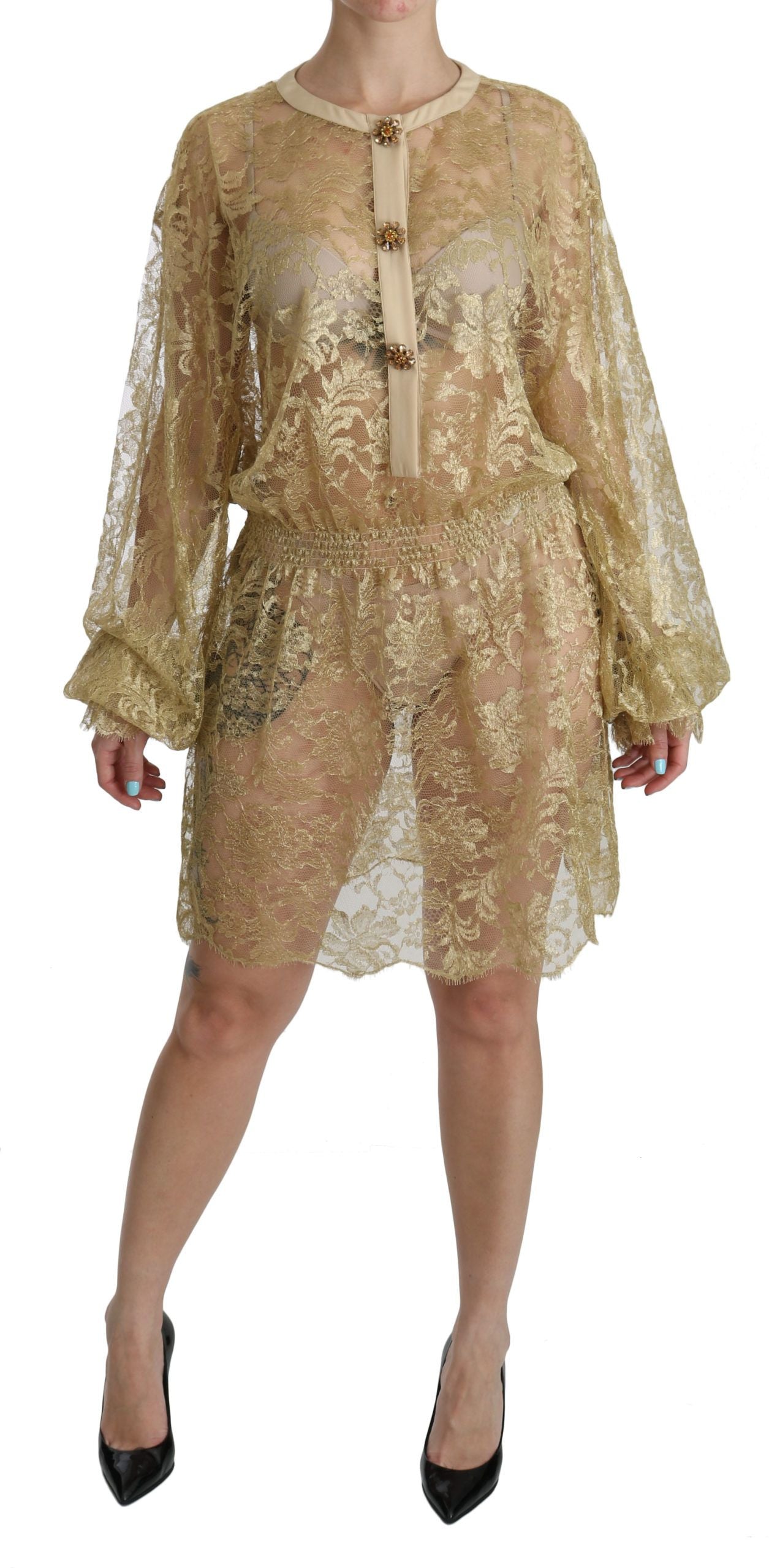 Robe trapèze transparente en dentelle dorée Dolce & Gabbana, longueur genou