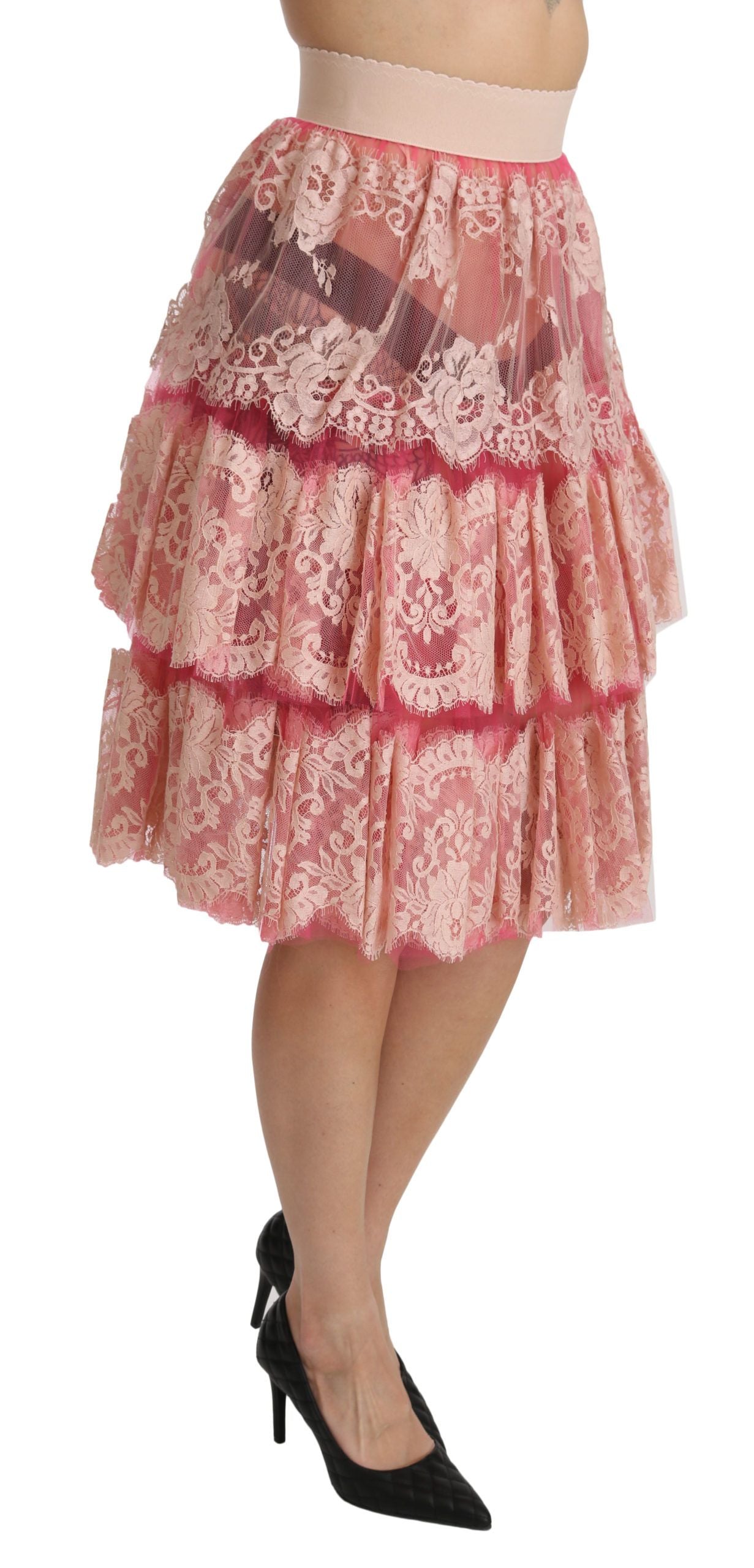 Jupe taille haute en dentelle rose Dolce & Gabbana, longueur genou
