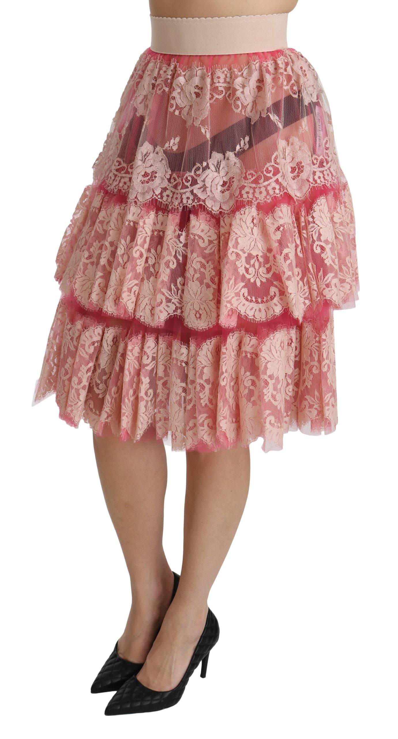 Jupe taille haute en dentelle rose Dolce & Gabbana, longueur genou
