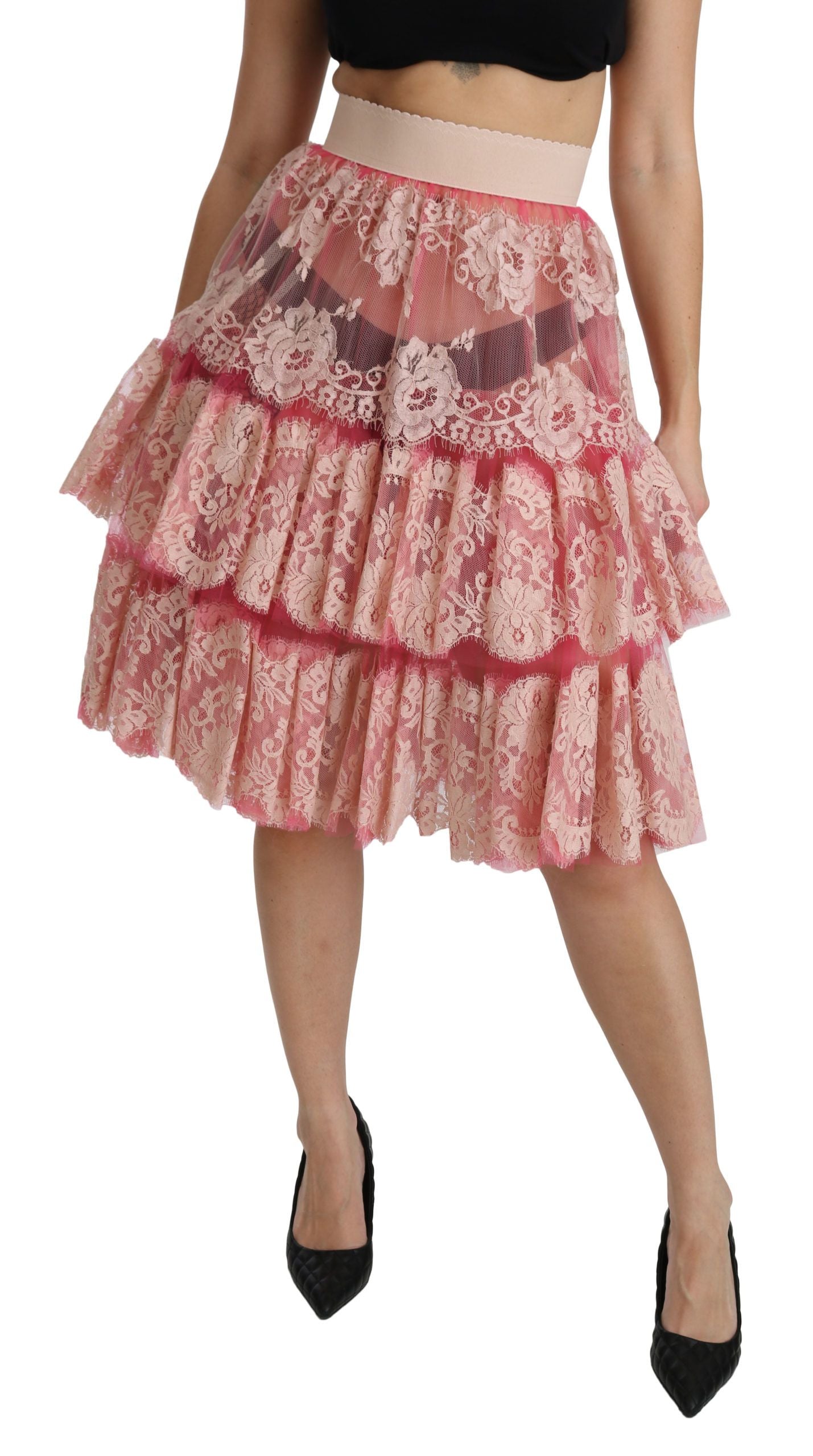 Jupe taille haute en dentelle rose Dolce & Gabbana, longueur genou