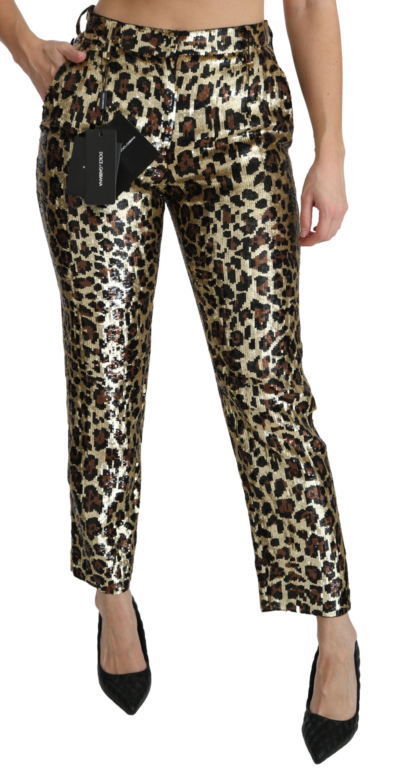 Pantalon taille haute à paillettes léopard marron Dolce & Gabbana