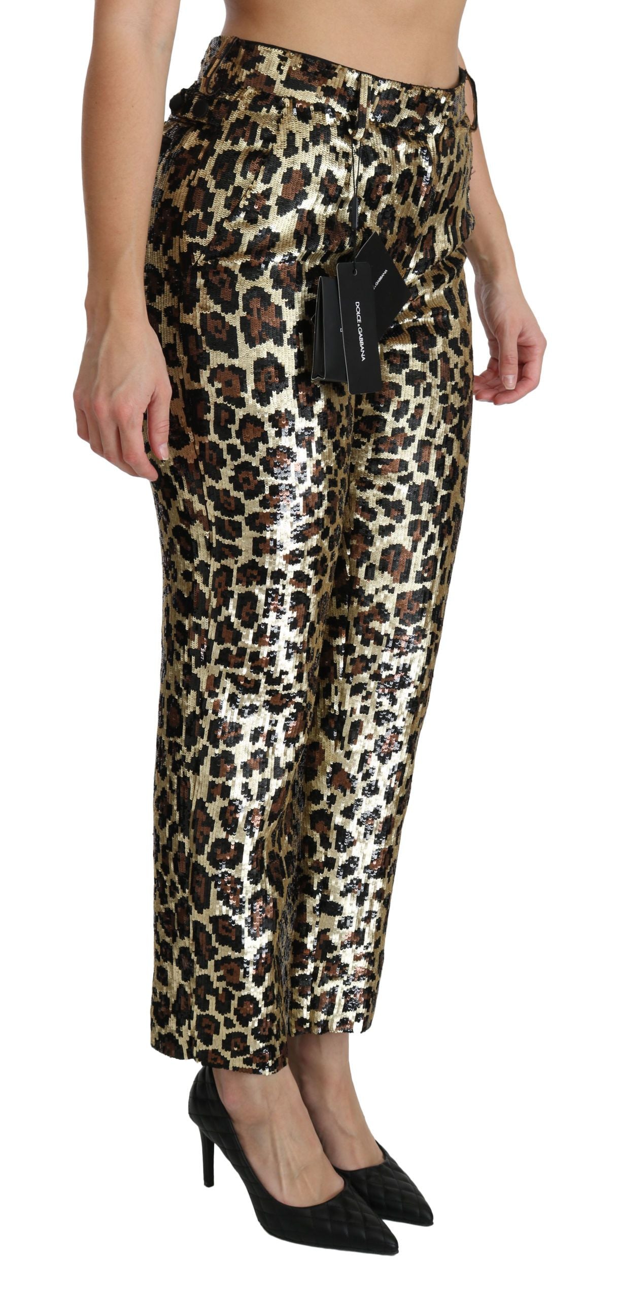 Pantalon taille haute à paillettes léopard marron Dolce & Gabbana