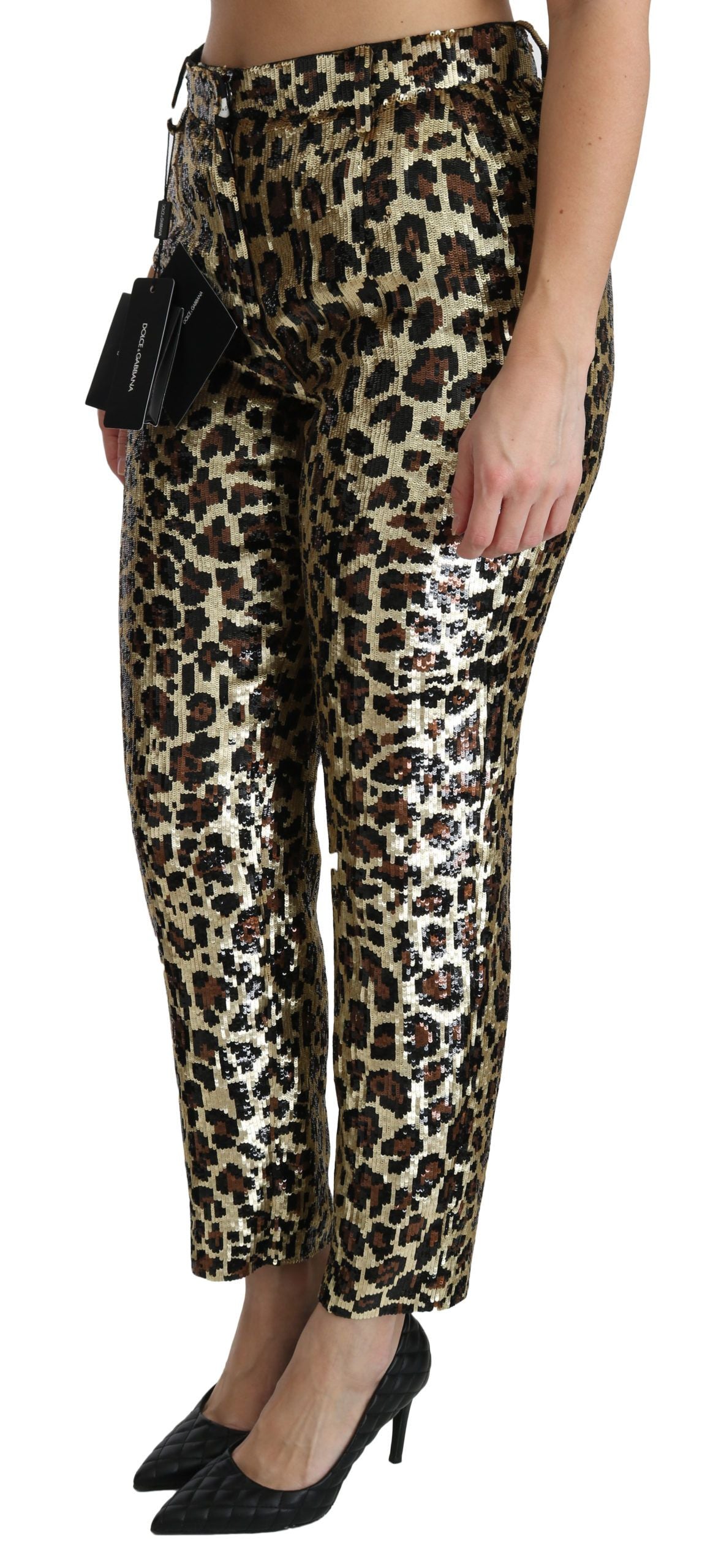 Pantalon taille haute à paillettes léopard marron Dolce & Gabbana