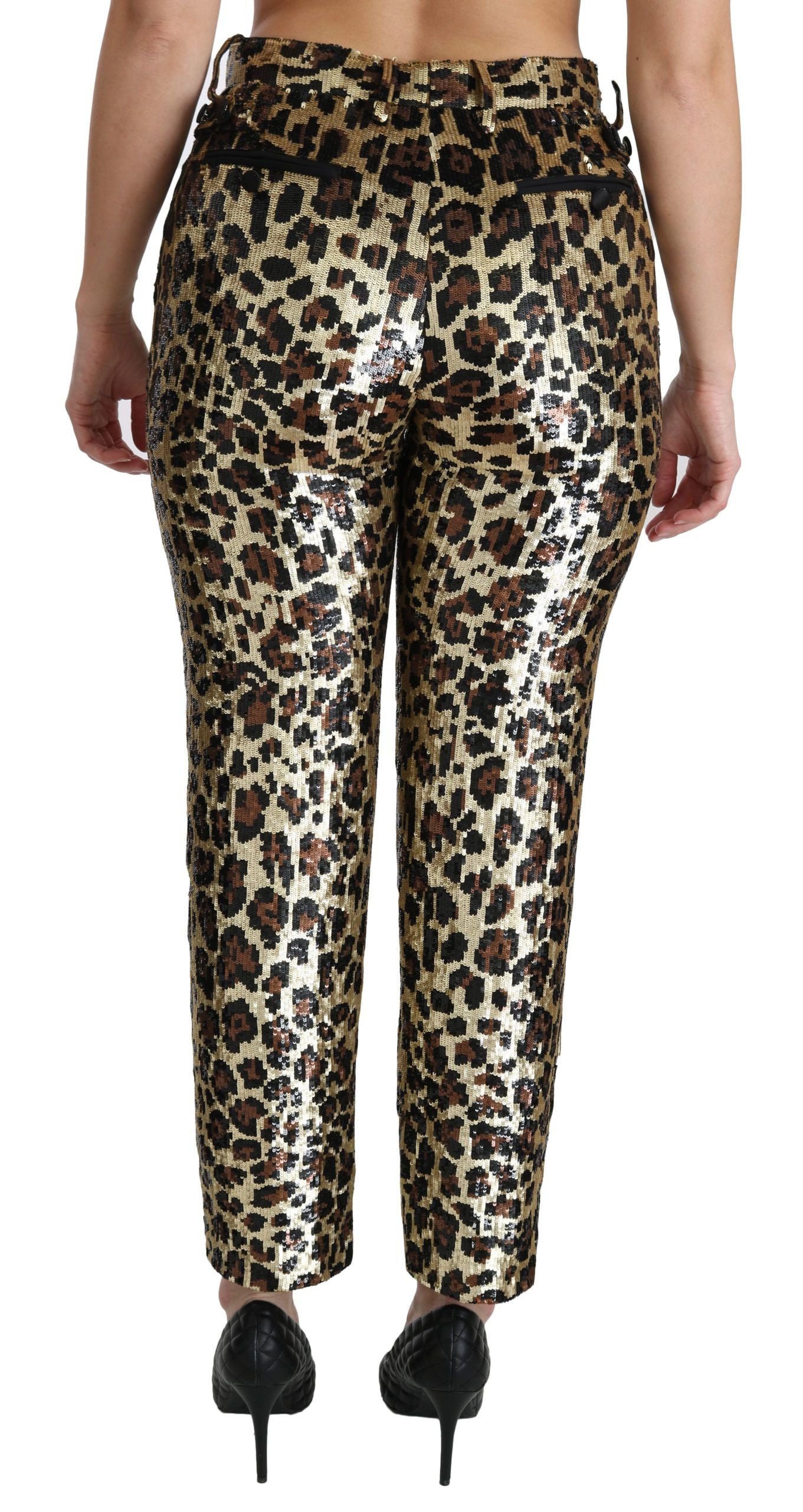 Pantalon taille haute à paillettes léopard marron Dolce & Gabbana