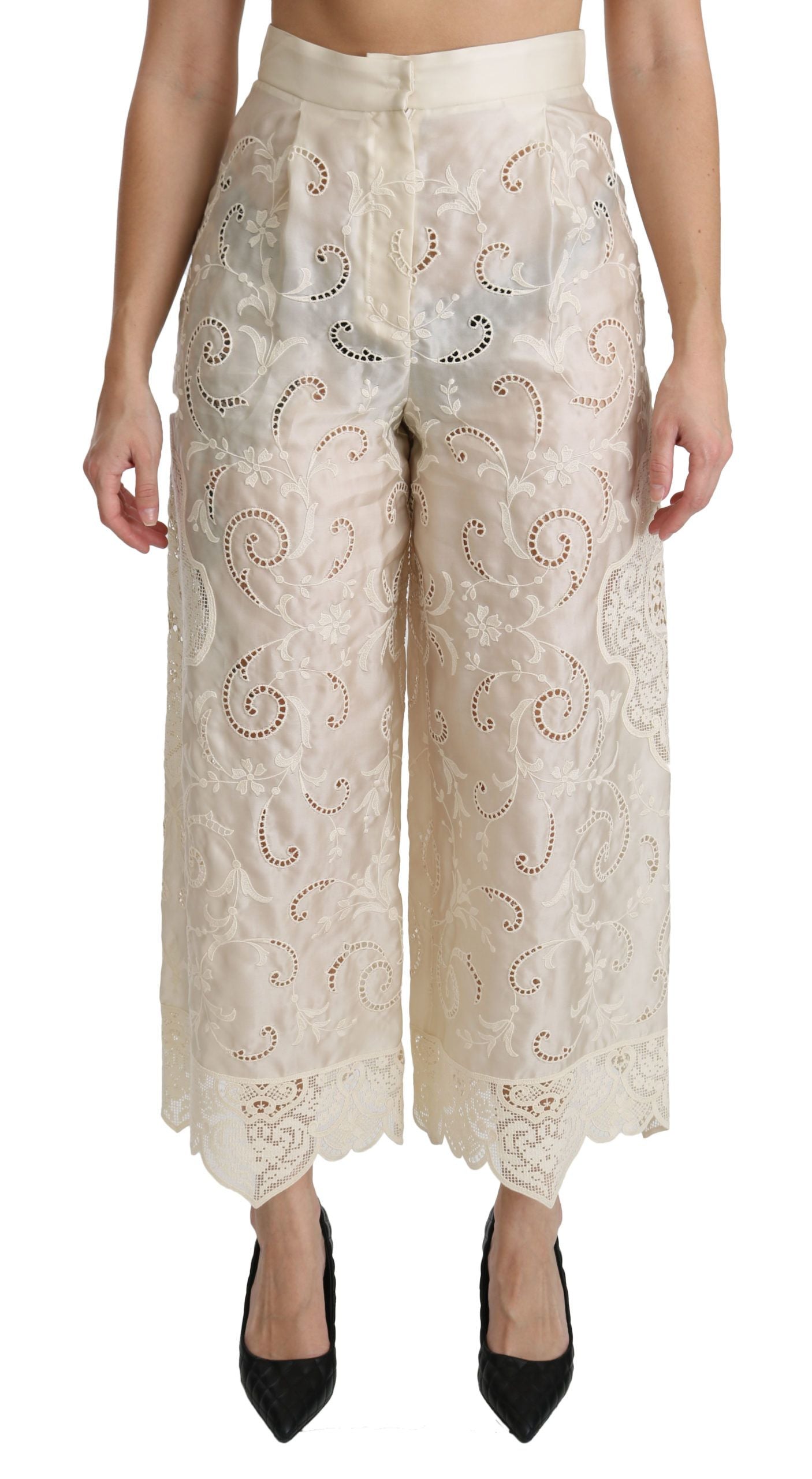 Pantalon court taille haute en dentelle crème Dolce & Gabbana