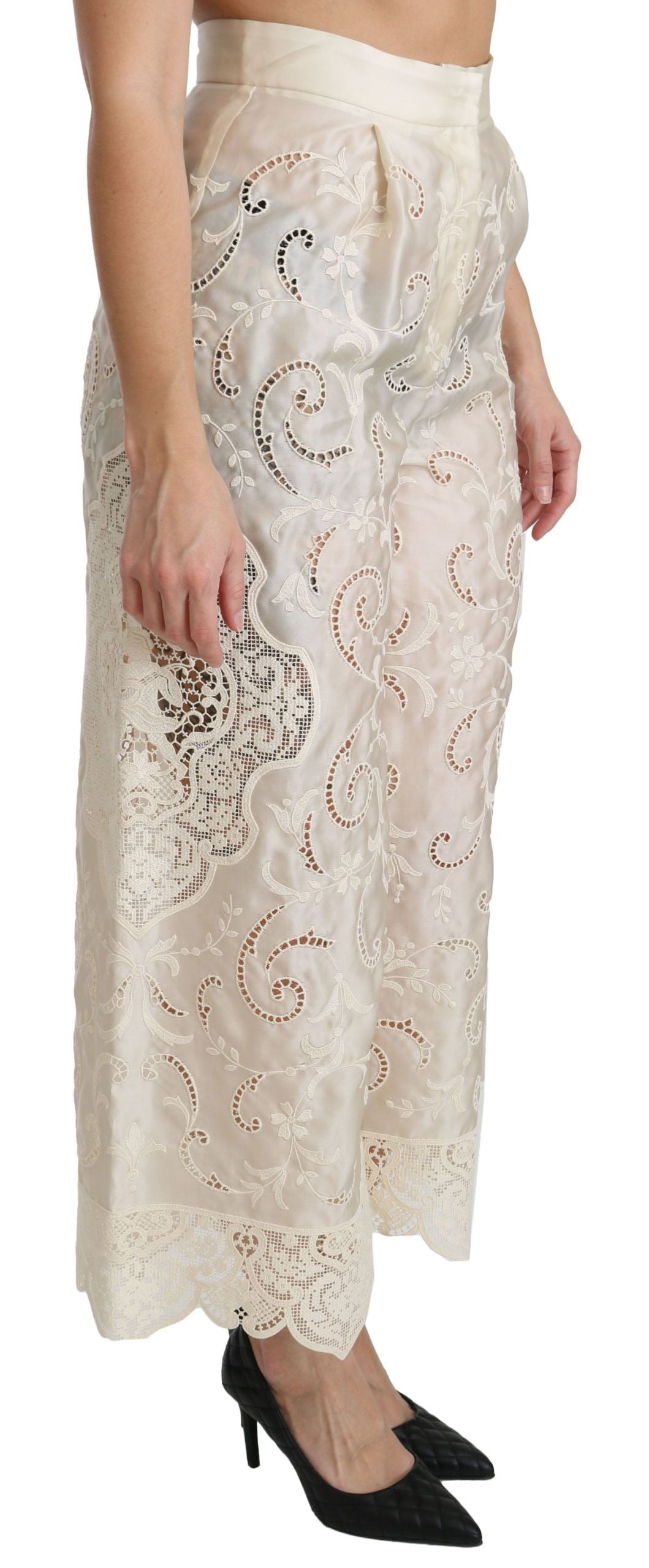 Pantalon court taille haute en dentelle crème Dolce & Gabbana