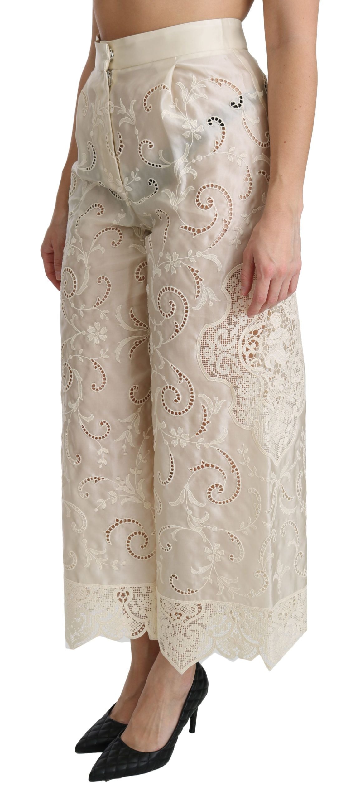 Pantalon court taille haute en dentelle crème Dolce & Gabbana