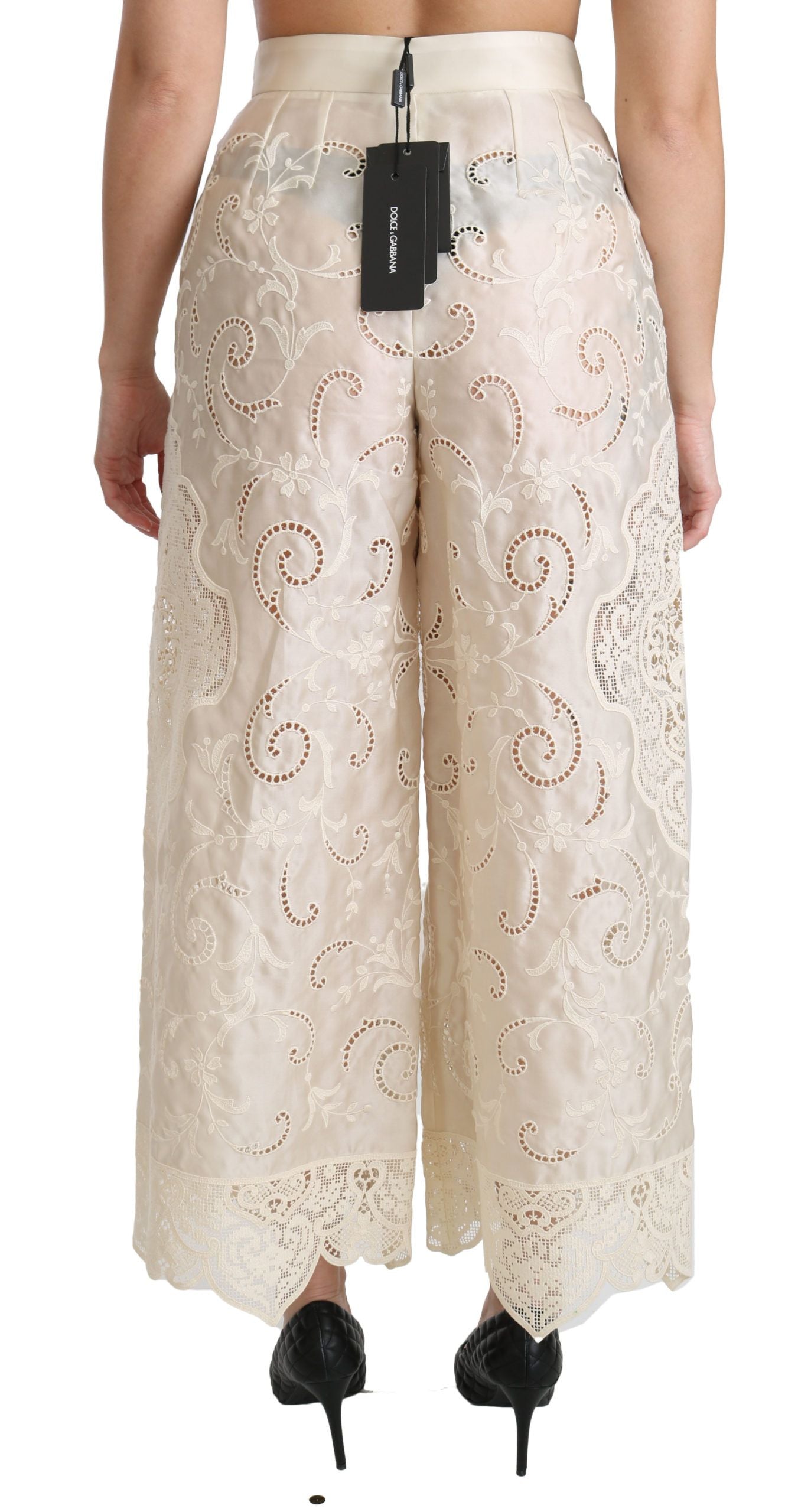 Pantalon court taille haute en dentelle crème Dolce & Gabbana
