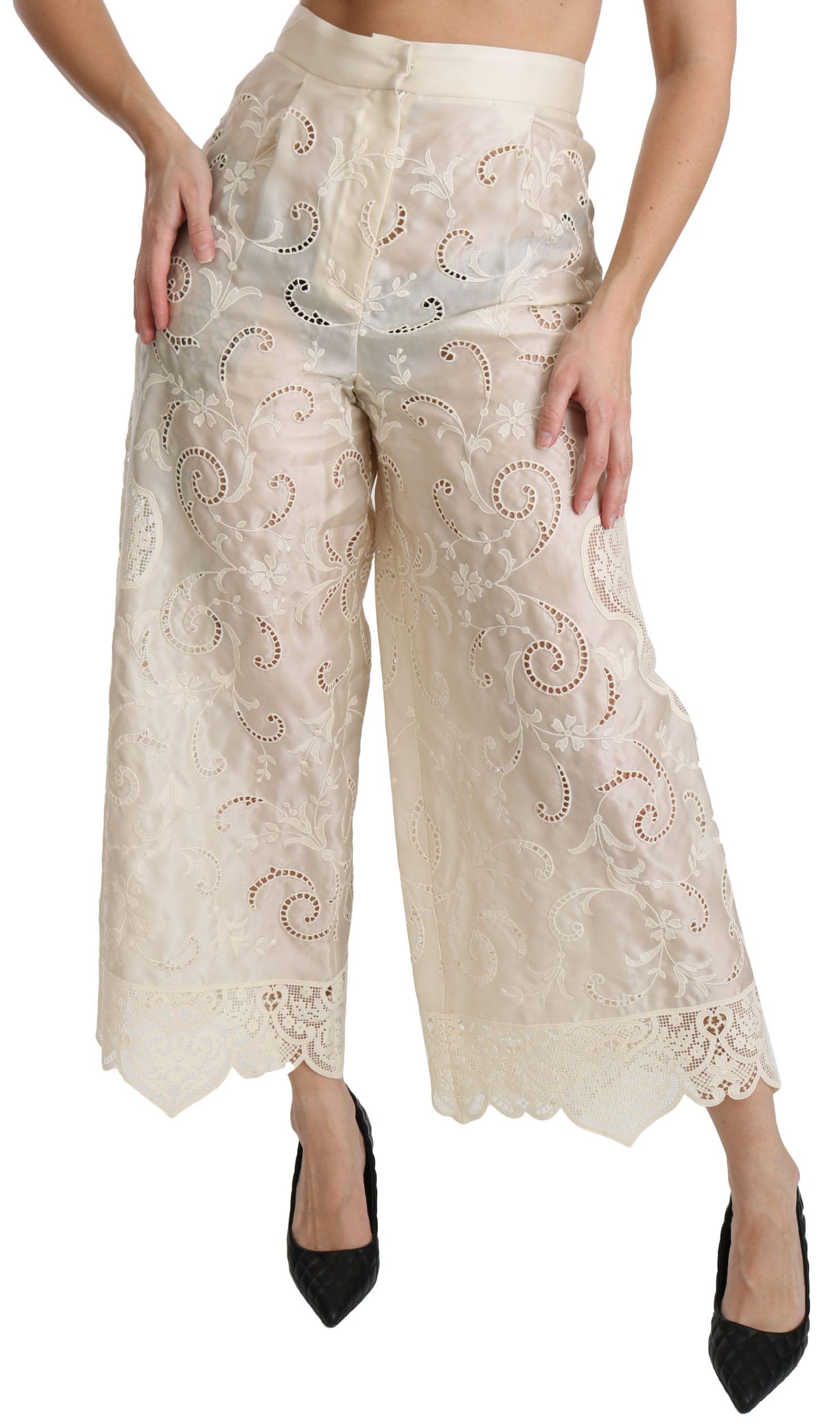 Pantalon court taille haute en dentelle crème Dolce & Gabbana