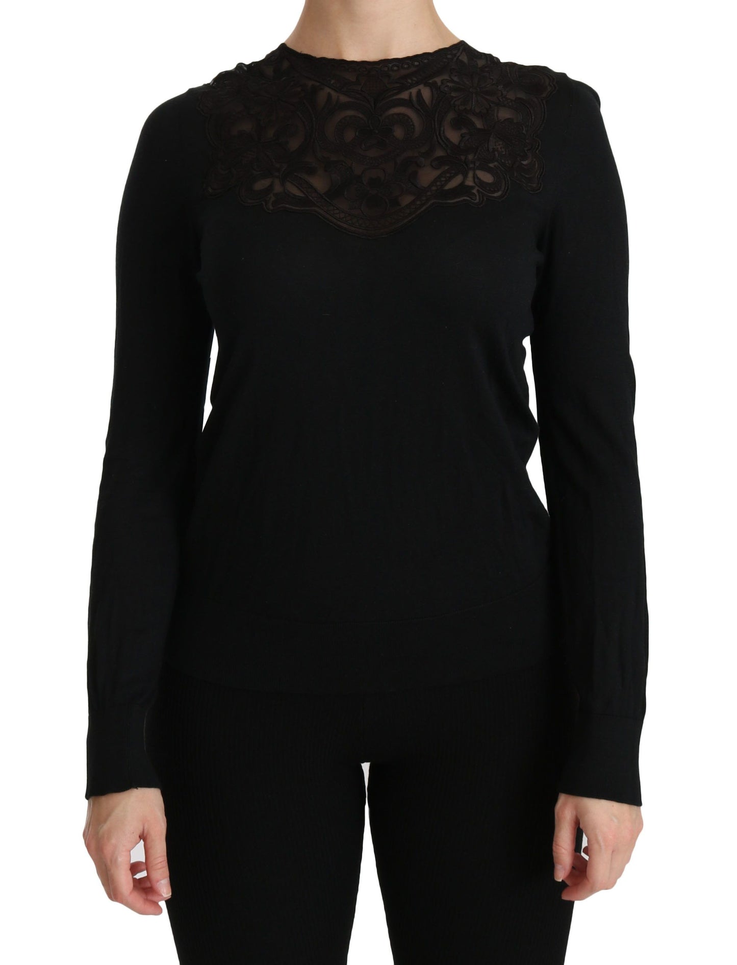Chemisier ras du cou à manches longues et dentelle de soie noire Dolce & Gabbana