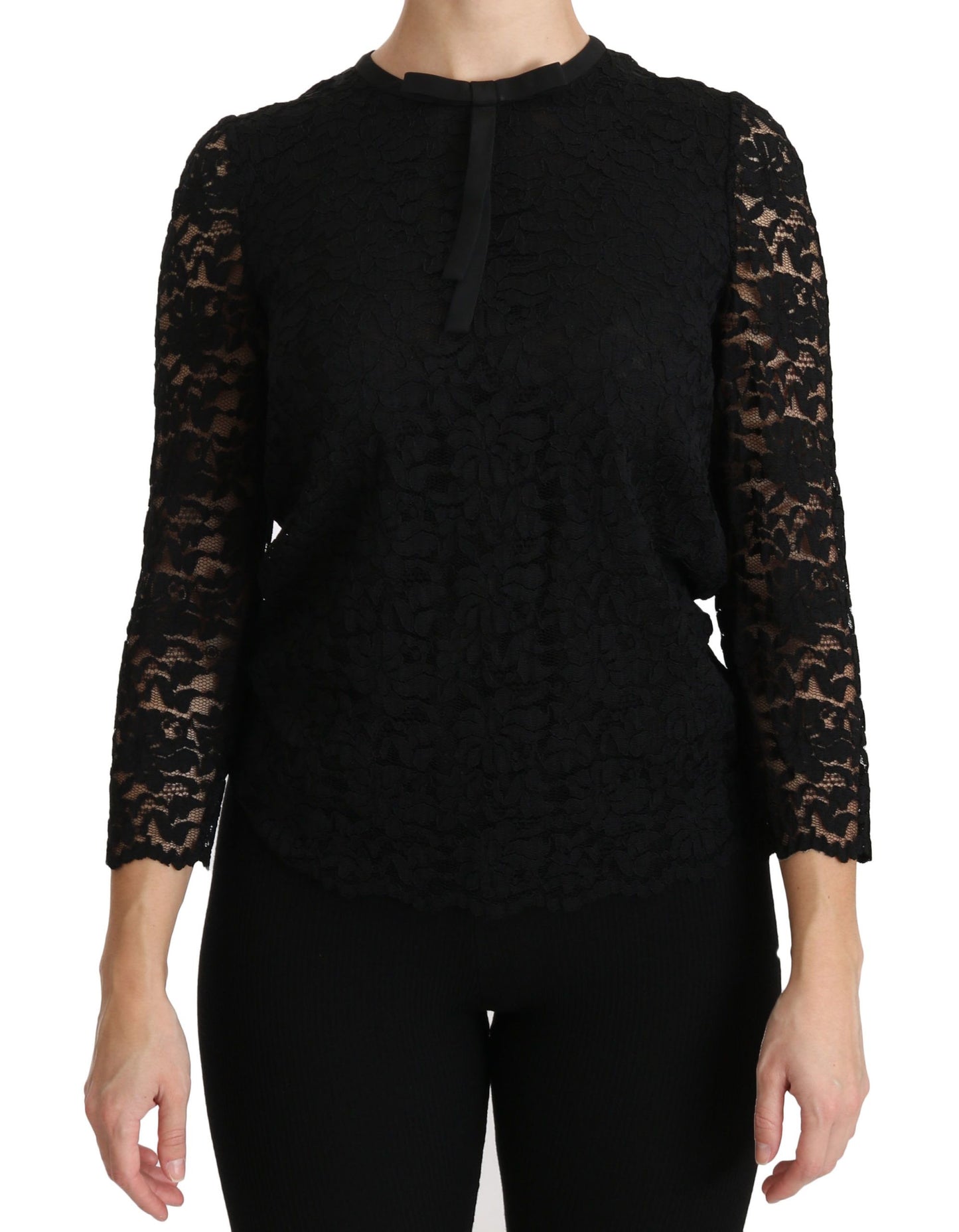 Dolce & Gabbana – Schwarze, langärmlige Nylonbluse mit Spitze
