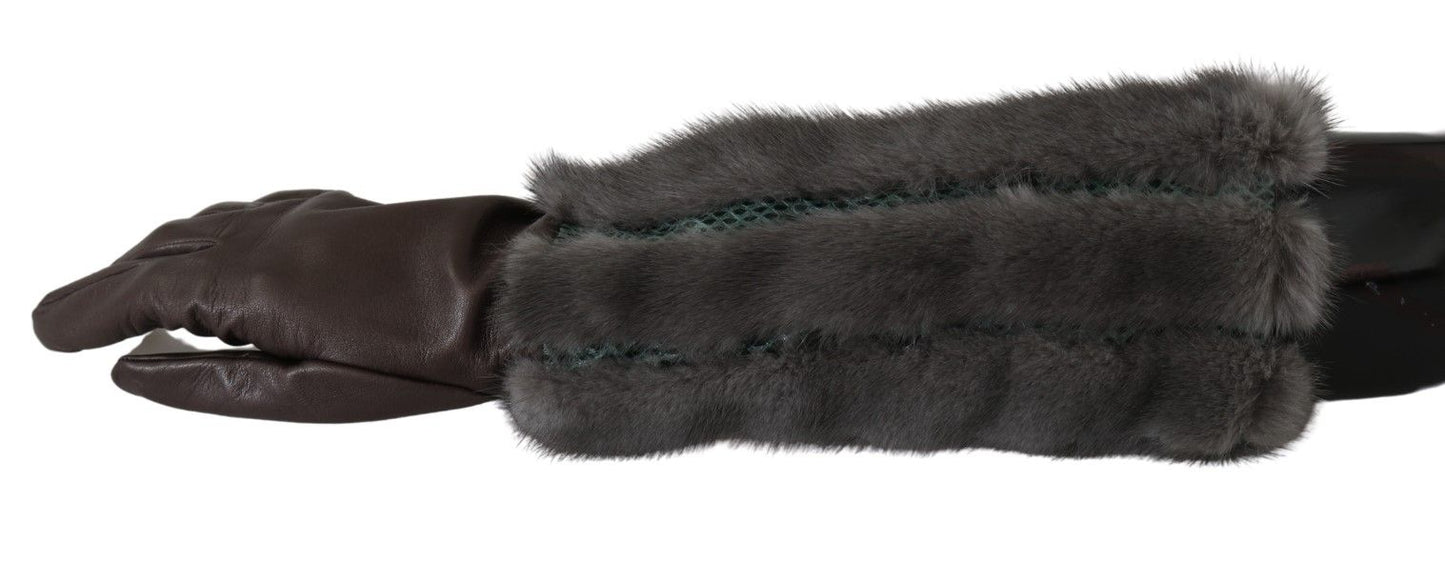 Gants mi-longs en cuir et fourrure marron Dolce & Gabbana