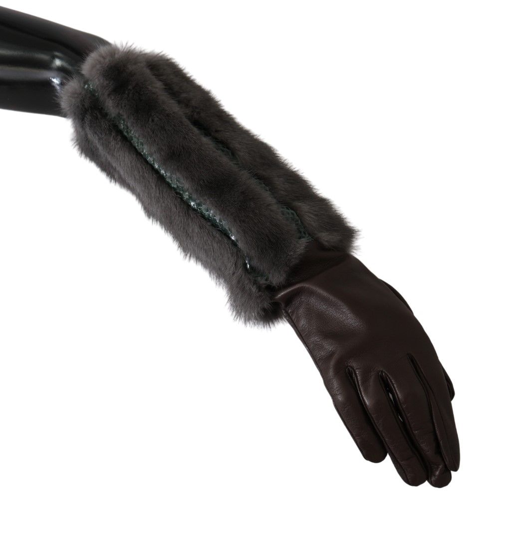 Gants mi-longs en cuir et fourrure marron Dolce & Gabbana