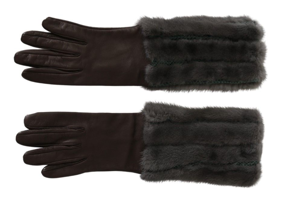 Gants mi-longs en cuir et fourrure marron Dolce & Gabbana