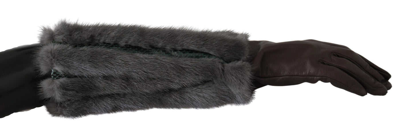 Gants mi-longs en cuir et fourrure marron Dolce & Gabbana