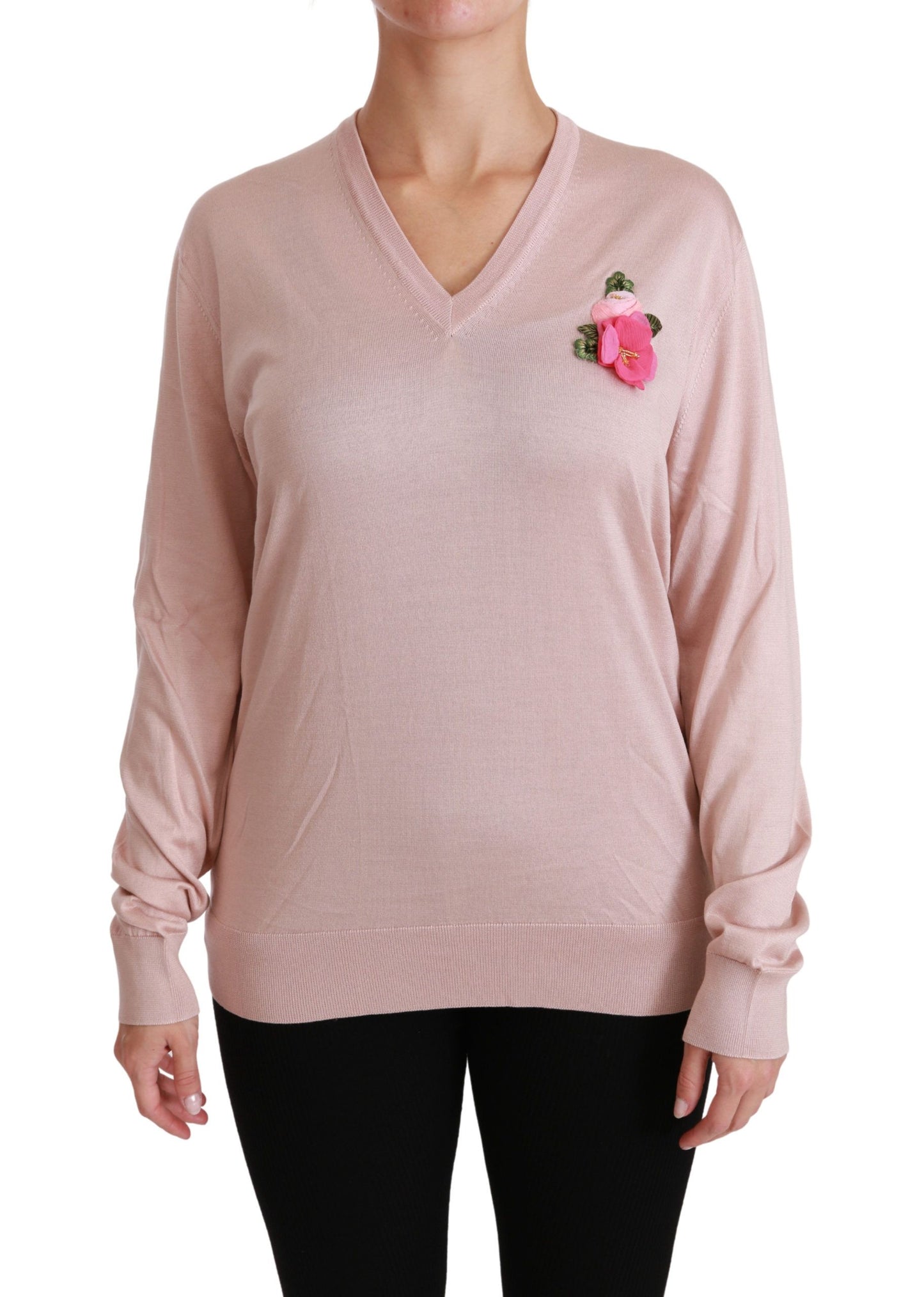 Dolce & Gabbana – Seidenpullover mit rosa Blumenverzierung