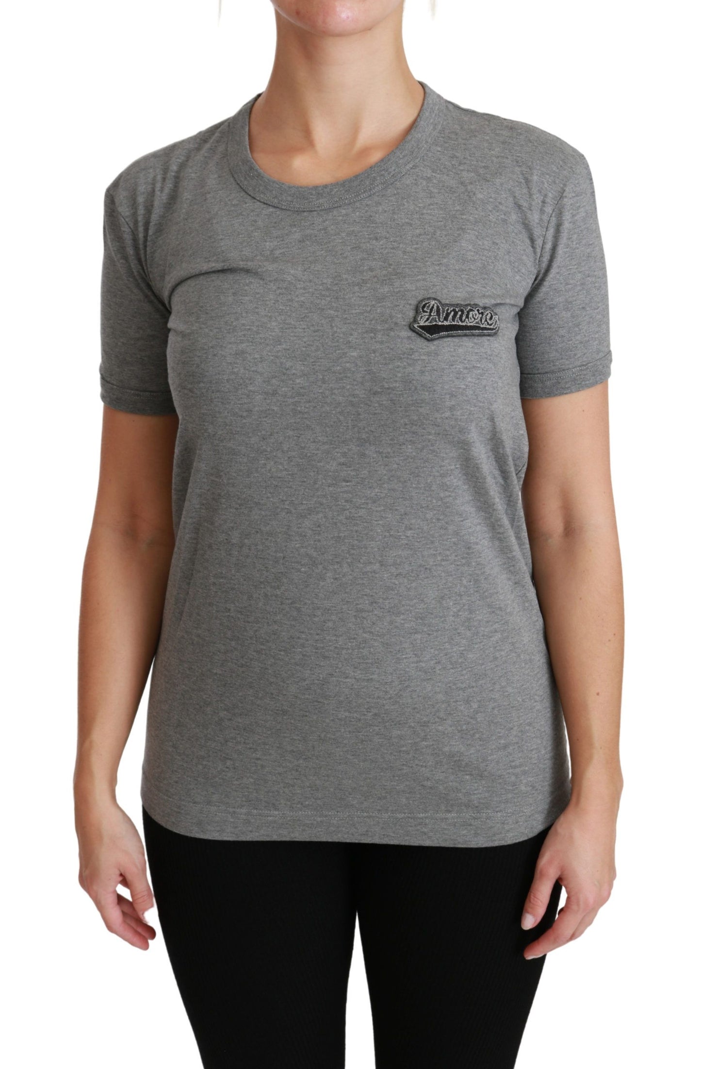 T-shirt ras du cou gris en coton avec patch Love de Dolce & Gabbana
