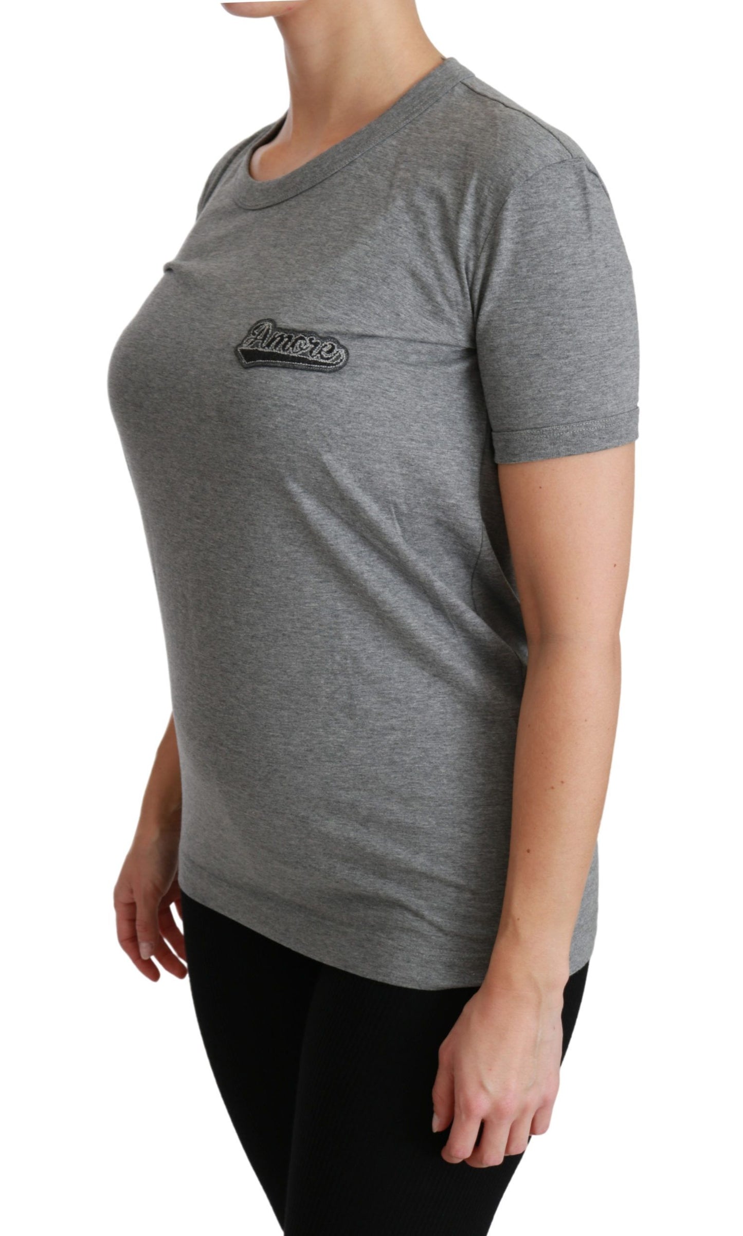 T-shirt ras du cou gris en coton avec patch Love de Dolce & Gabbana