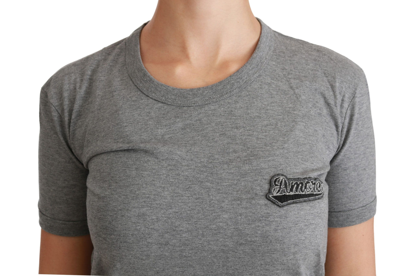 T-shirt ras du cou gris en coton avec patch Love de Dolce & Gabbana