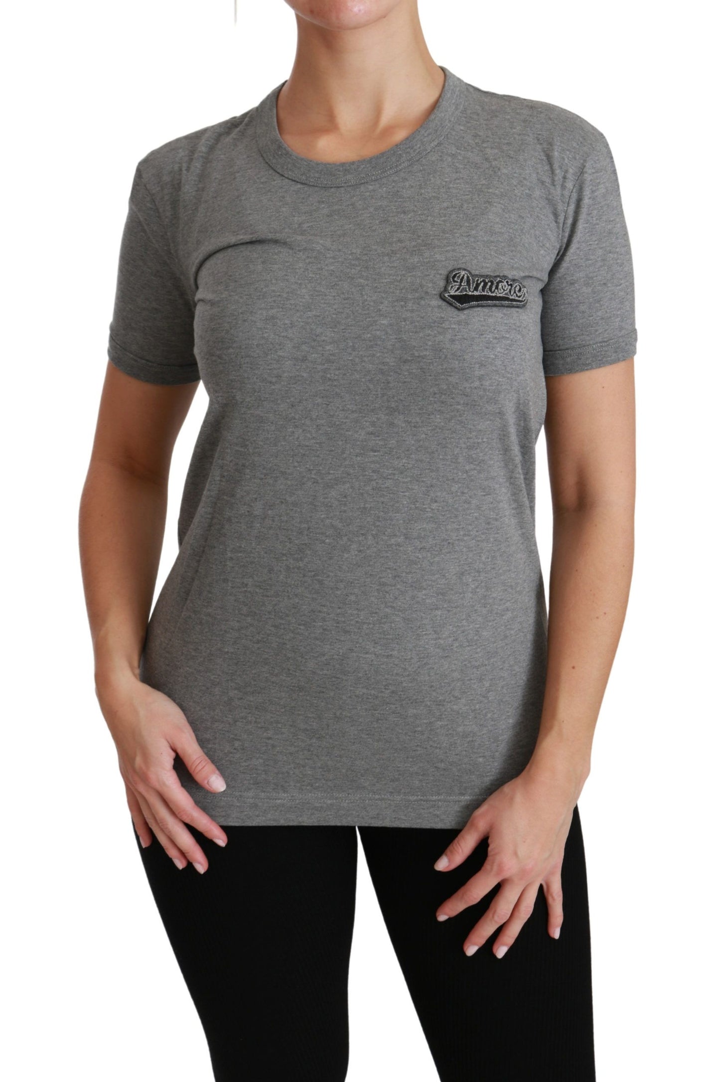T-shirt ras du cou gris en coton avec patch Love de Dolce & Gabbana