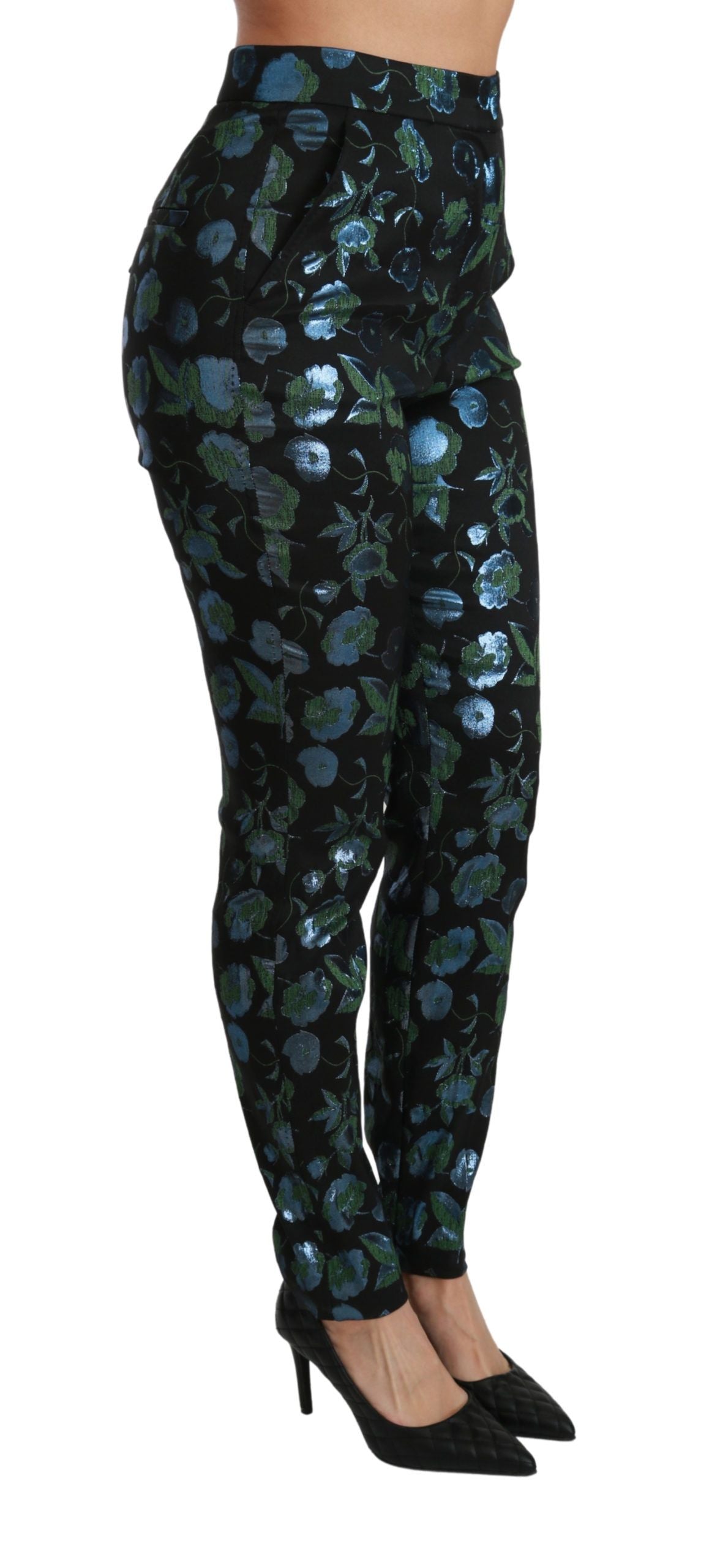 Pantalon slim métallisé à fleurs bleu vert Dolce & Gabbana