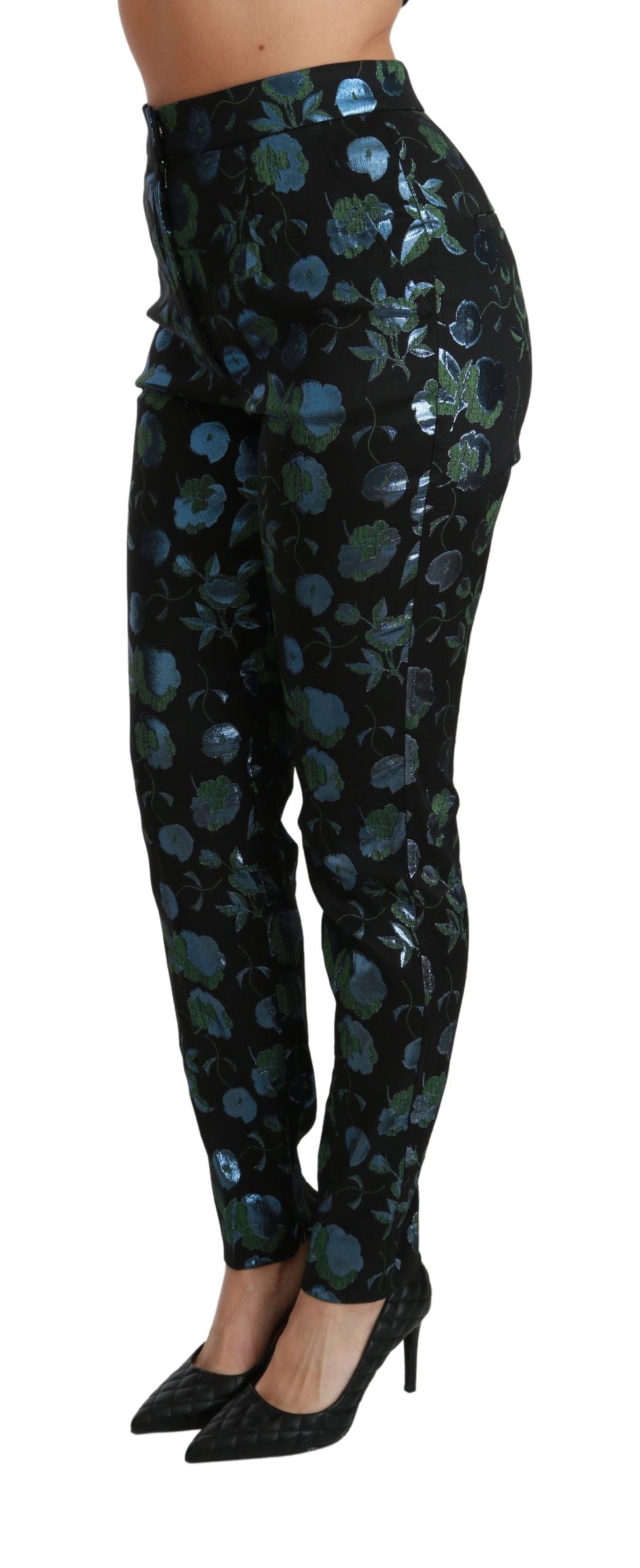 Pantalon slim métallisé à fleurs bleu vert Dolce & Gabbana