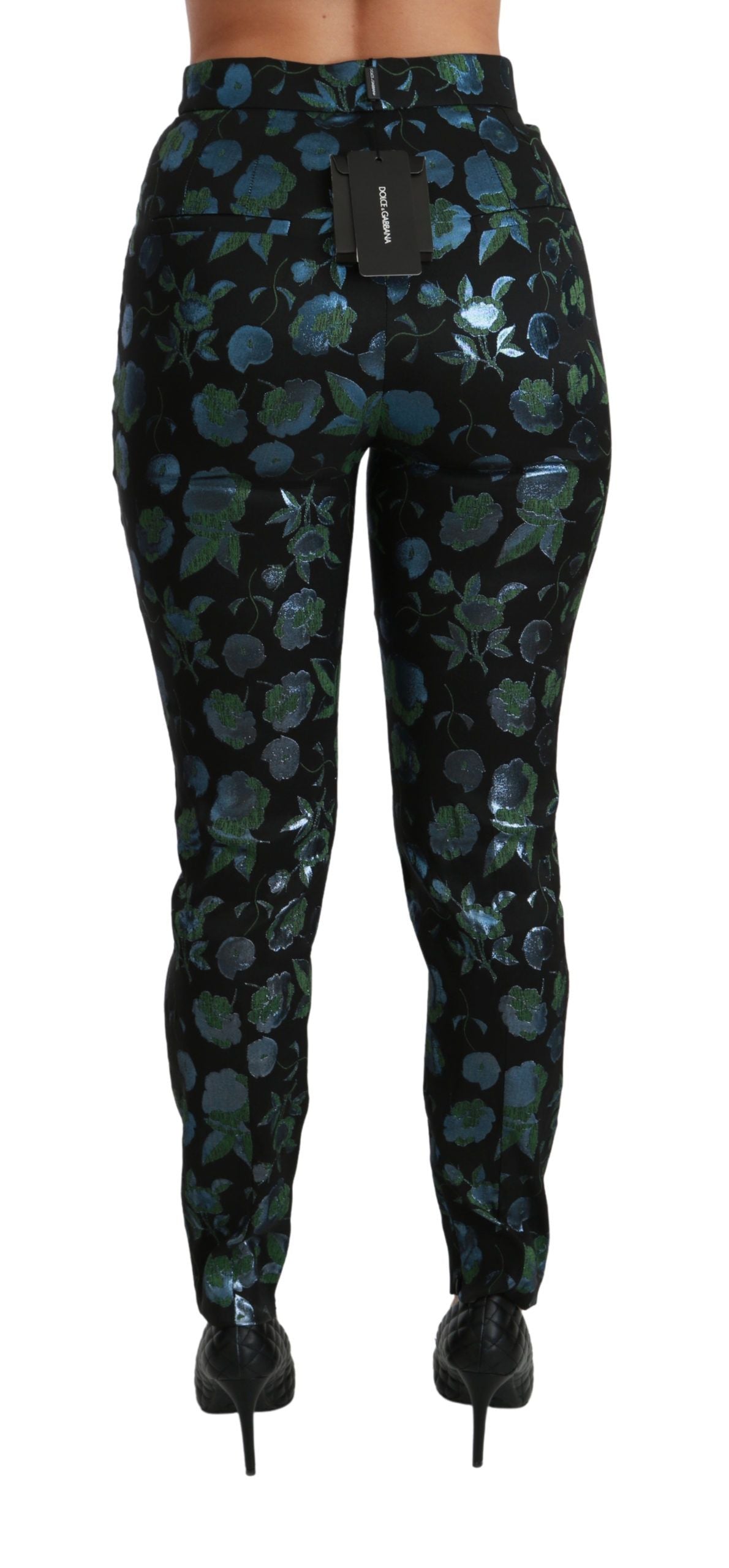 Pantalon slim métallisé à fleurs bleu vert Dolce & Gabbana