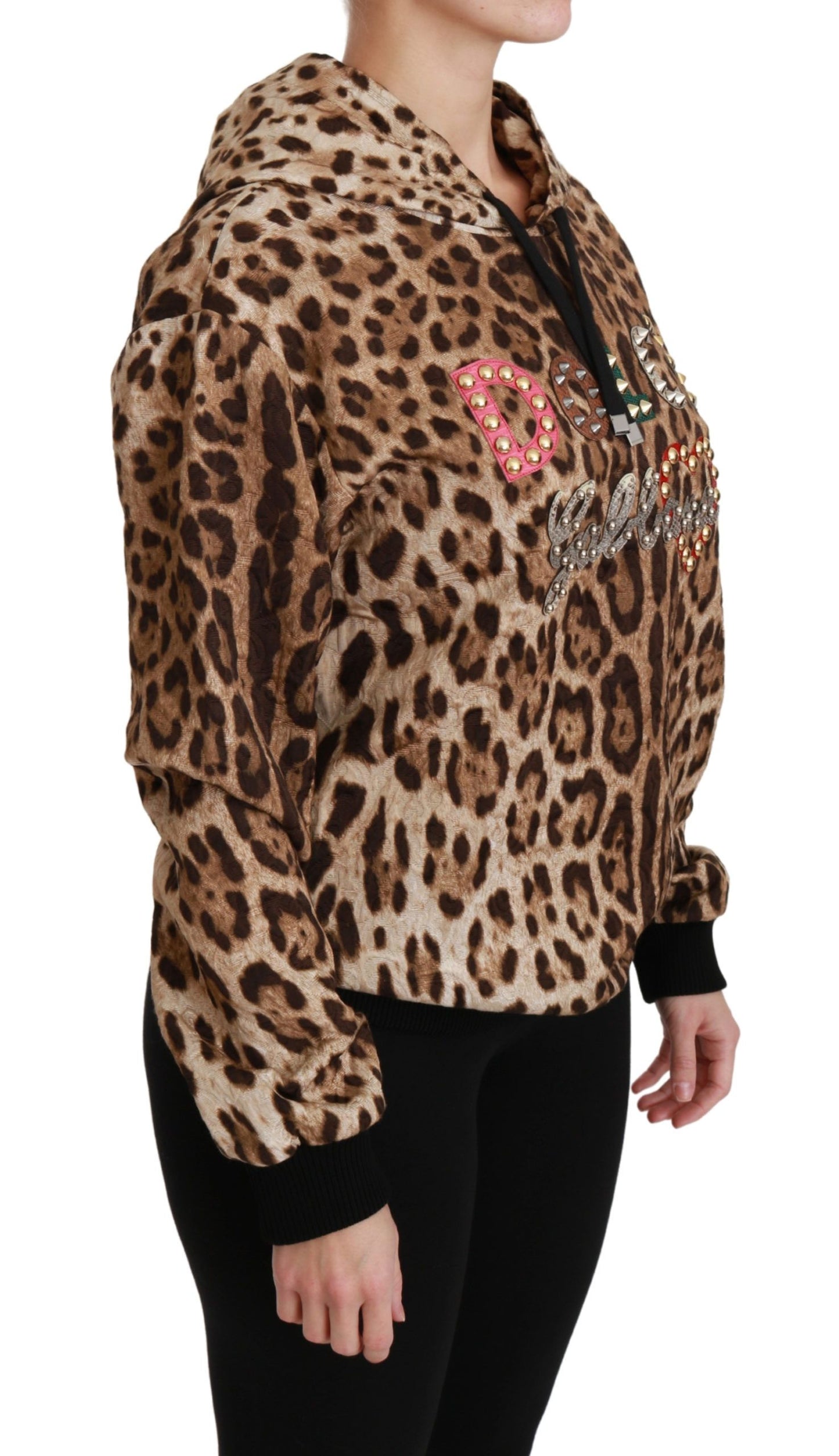 Pull à capuche marron clouté en Ayers et léopard Dolce & Gabbana