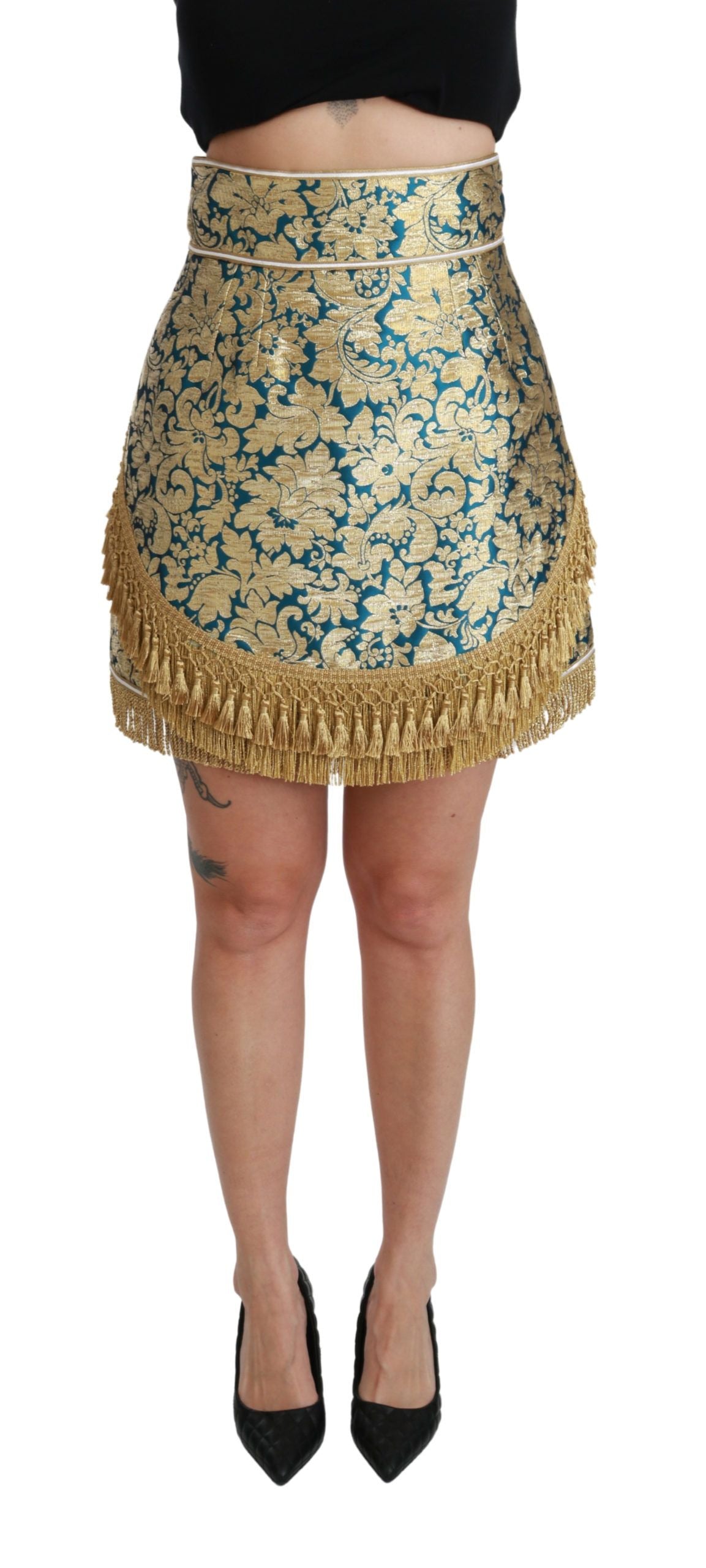Jupe en jacquard bleu taille haute à pampilles dorées Dolce & Gabbana